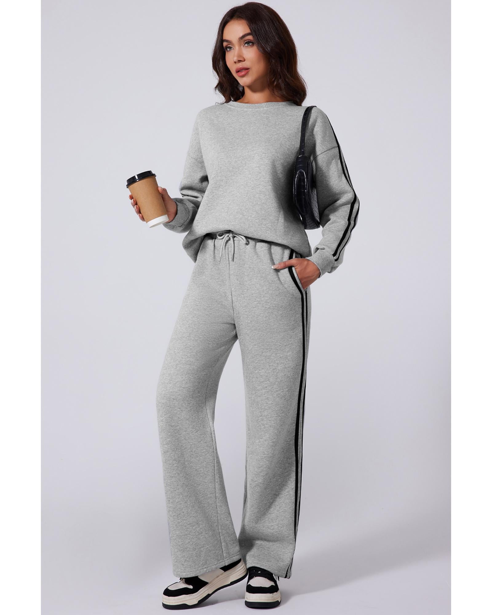 Light Grey Solid Color Side Striped Sweatshirt Active Set - L