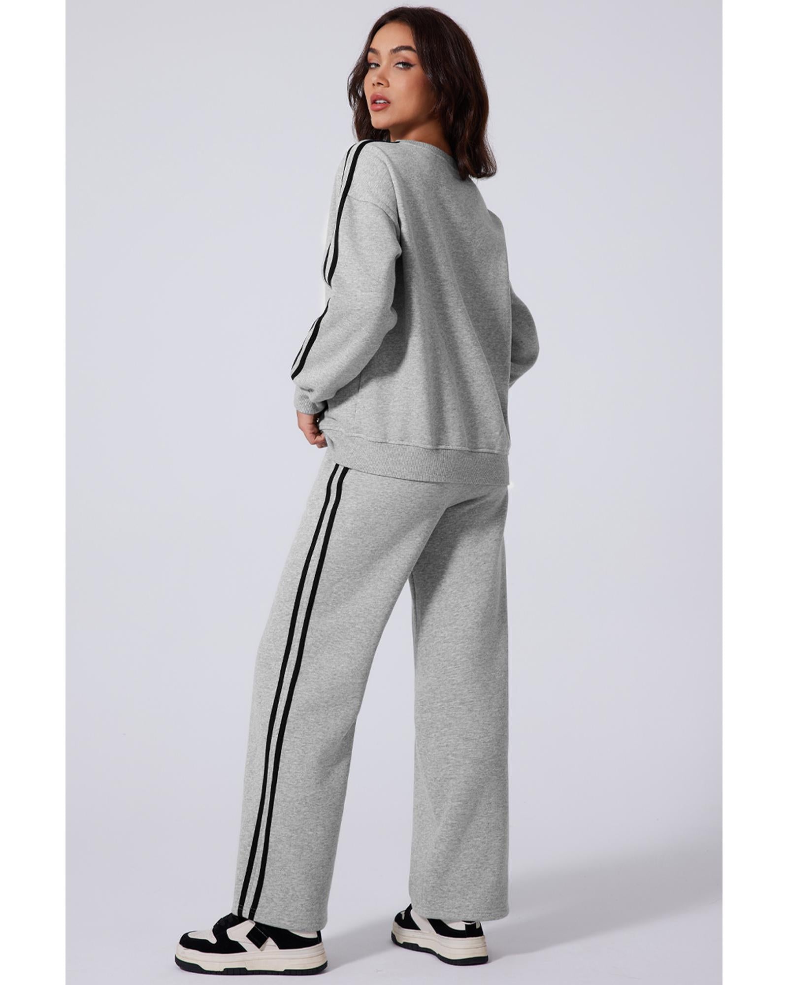 Light Grey Solid Color Side Striped Sweatshirt Active Set - L 4