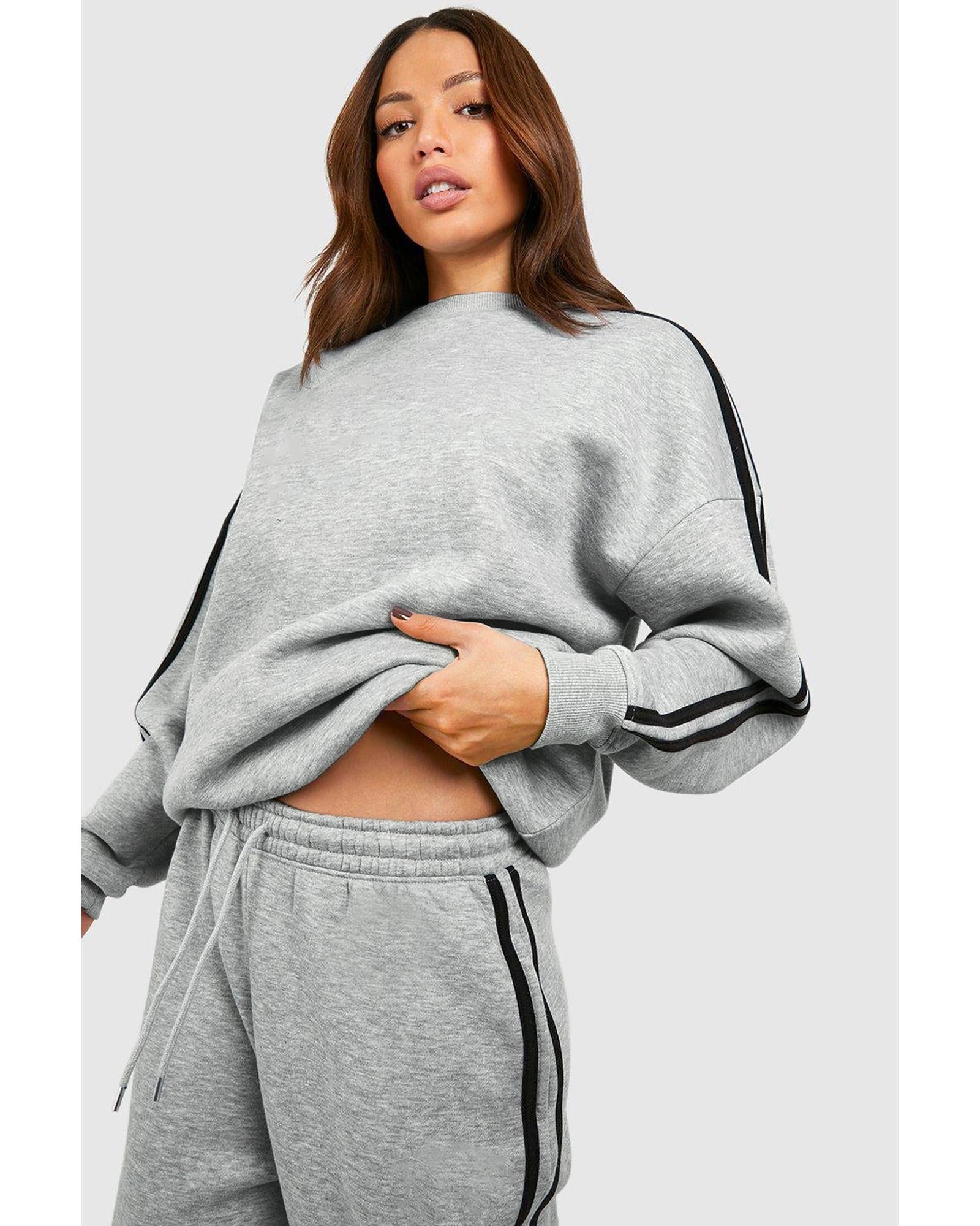 Light Grey Solid Color Side Striped Sweatshirt Active Set - L 8