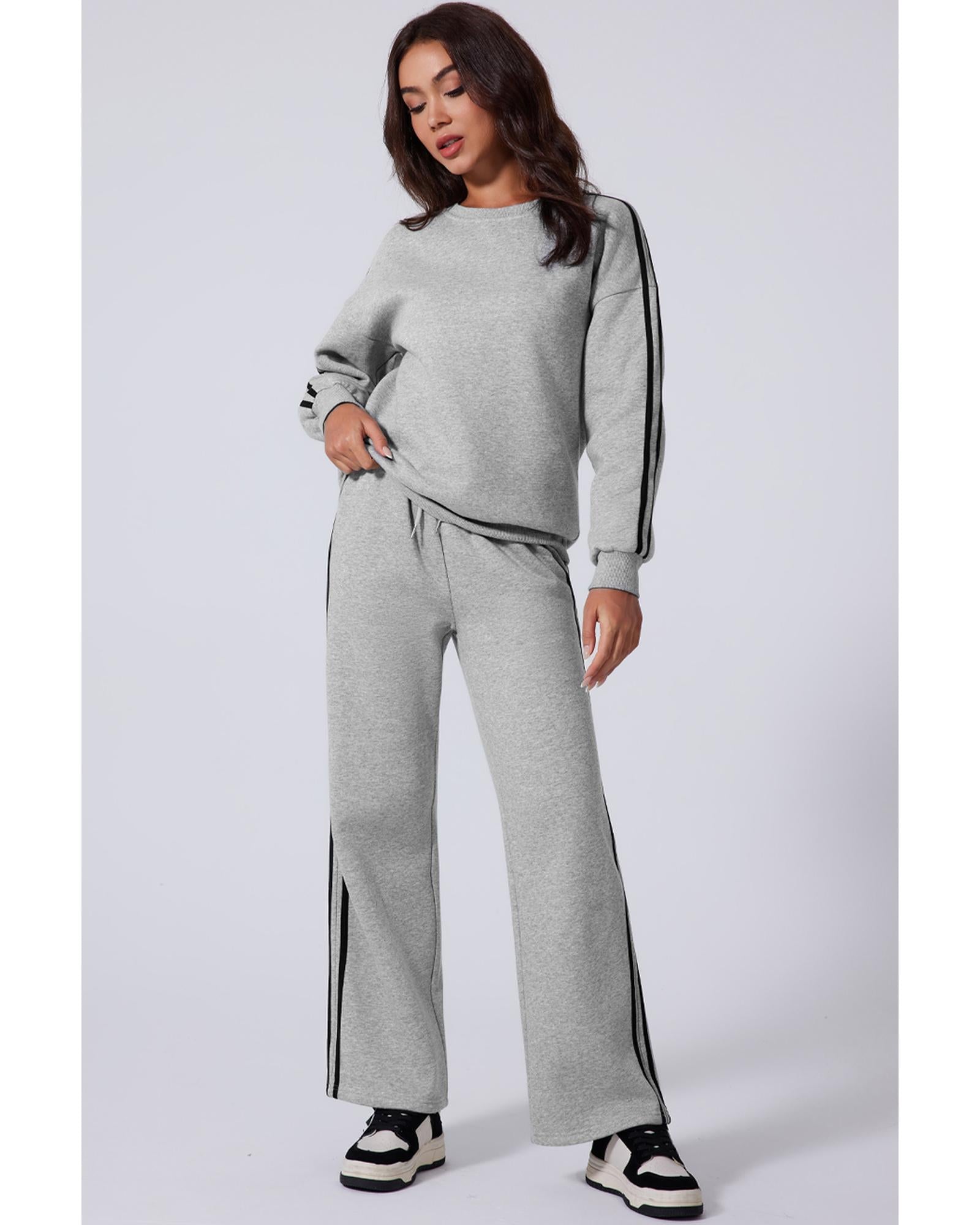 Light Grey Solid Color Side Striped Sweatshirt Active Set - M