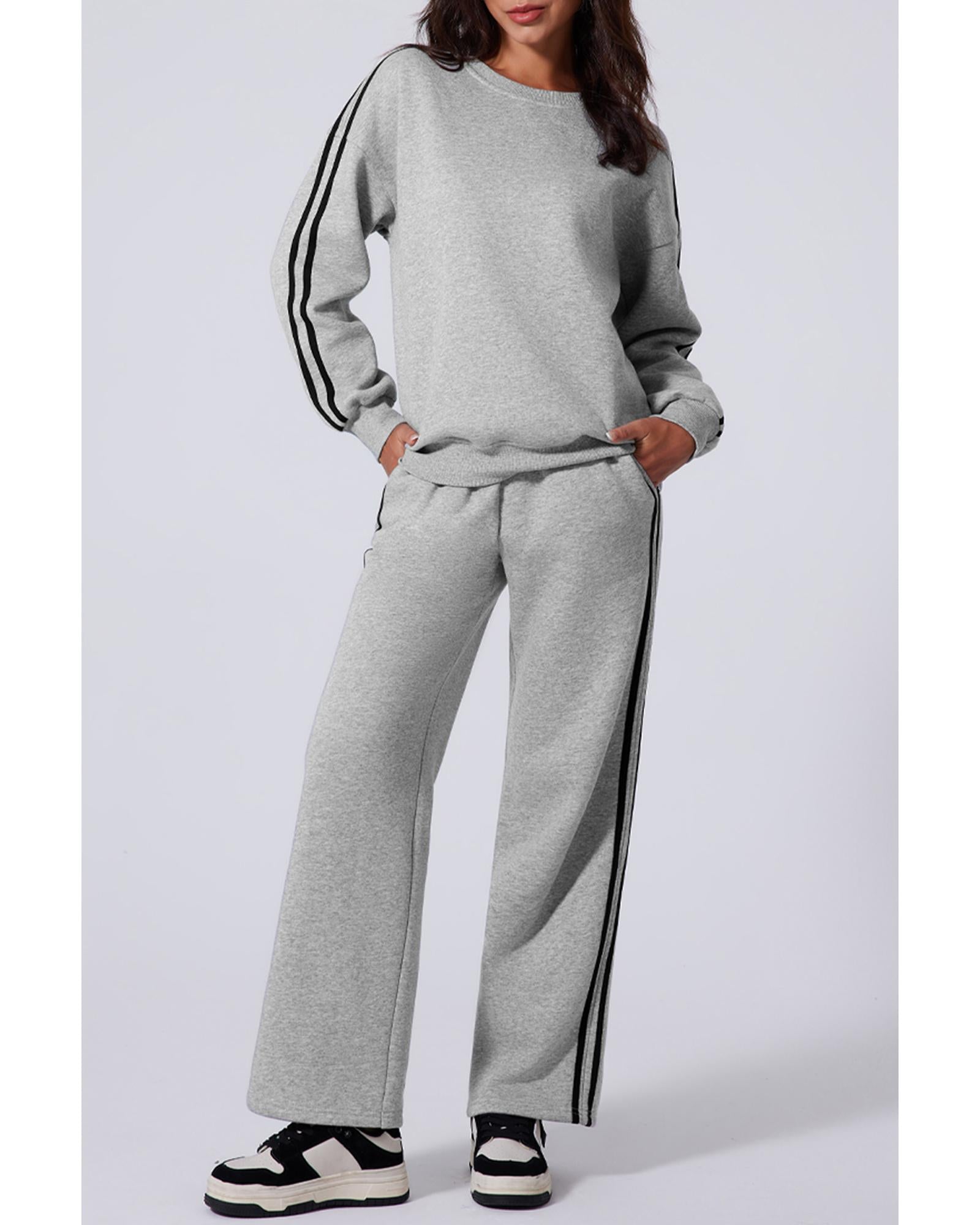 Light Grey Solid Color Side Striped Sweatshirt Active Set - M