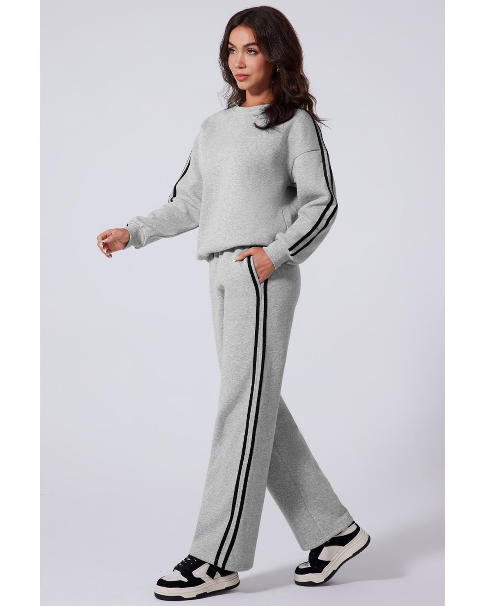 Light Grey Solid Color Side Striped Sweatshirt Active Set - M 4