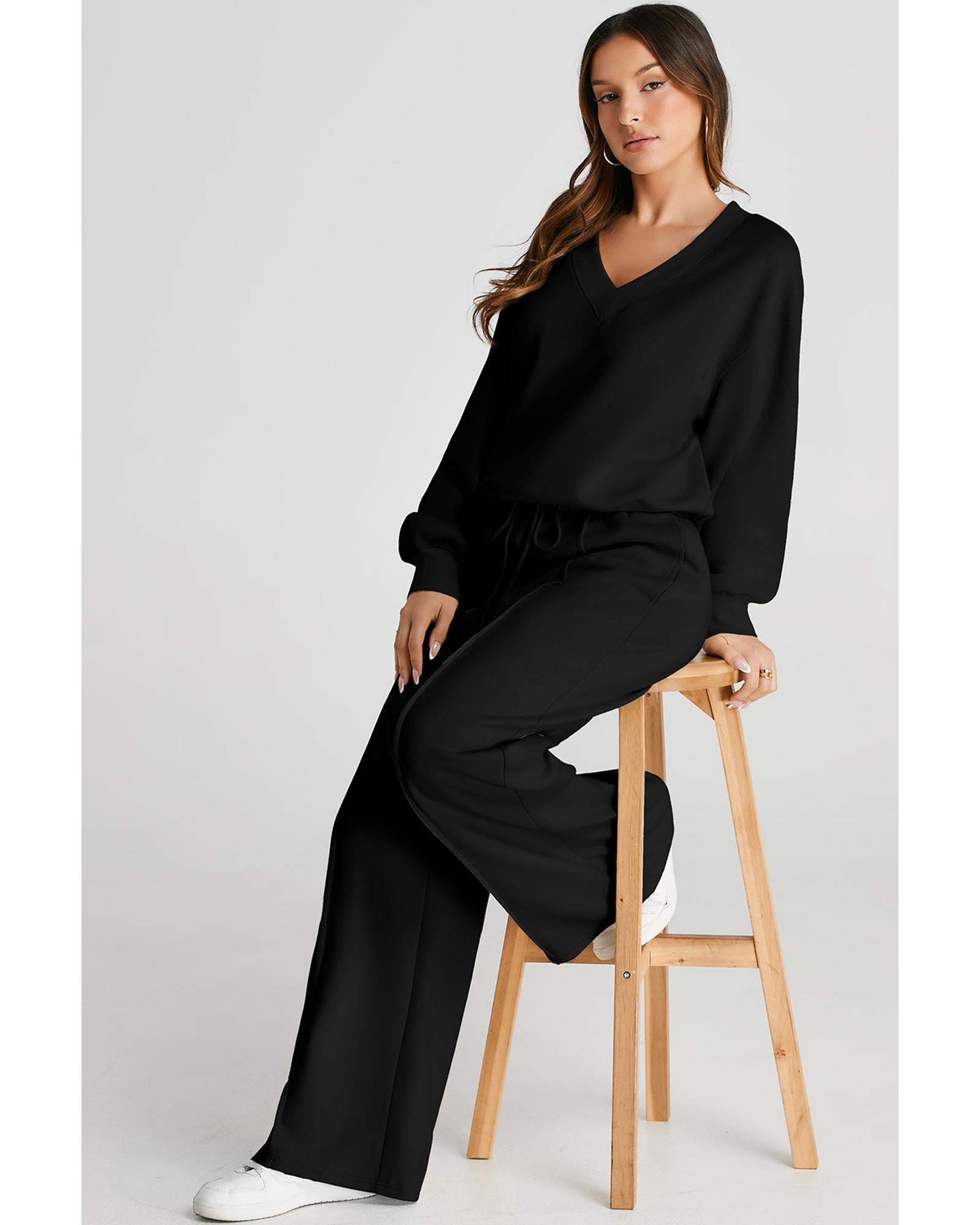 Black V Neck Cropped Seamed High Waist Sports Wear - L