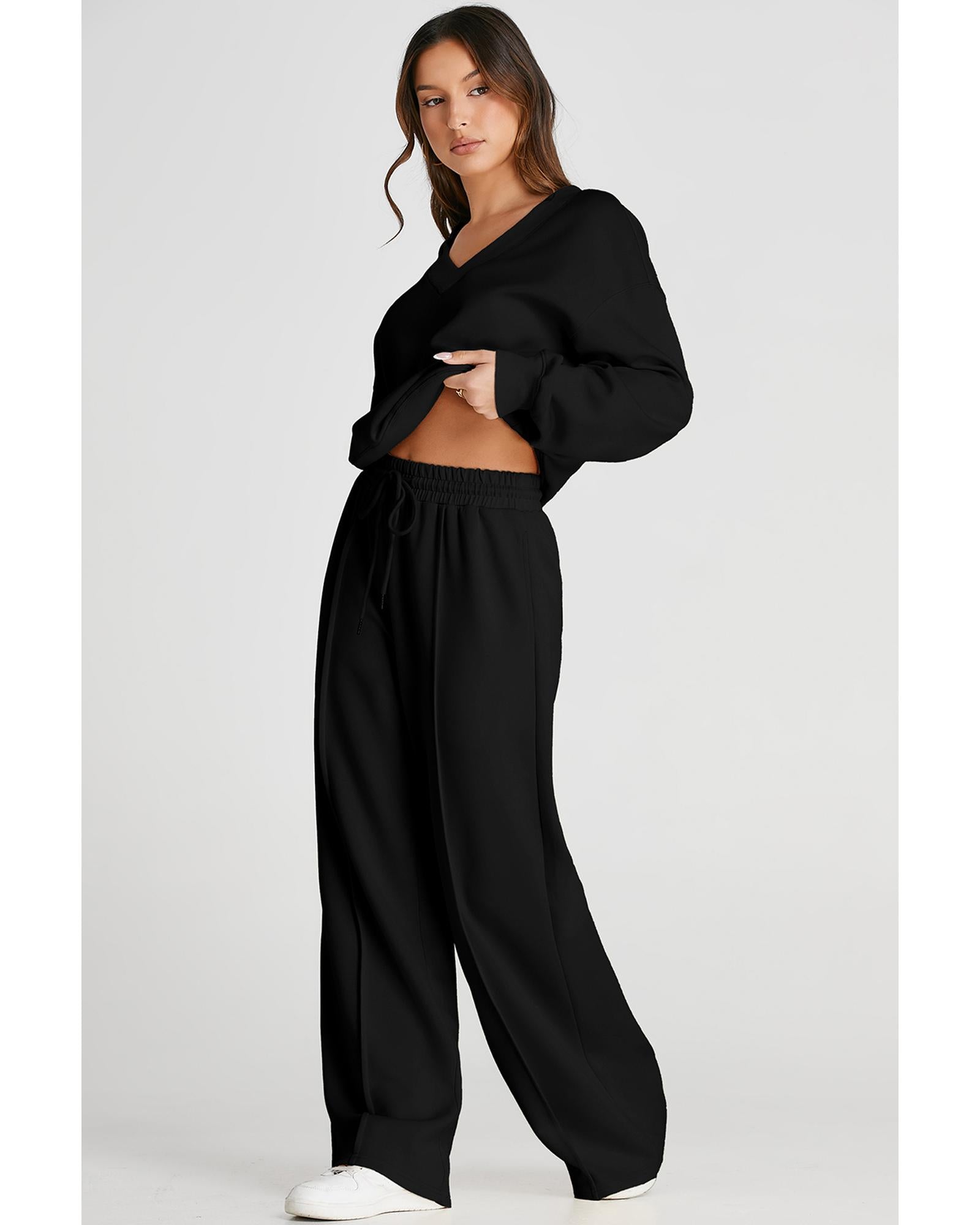 Black V Neck Cropped Seamed High Waist Sports Wear - L