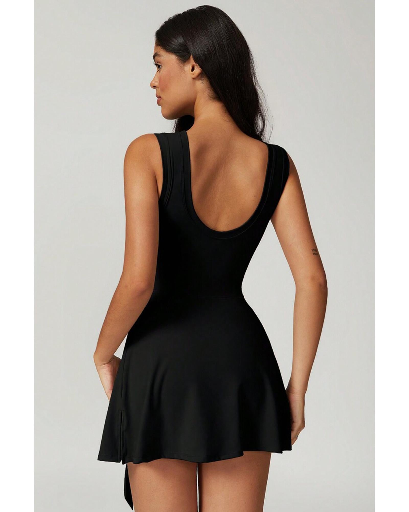 Black Sleeveless Knot Skirt Hem Sports Romper - L