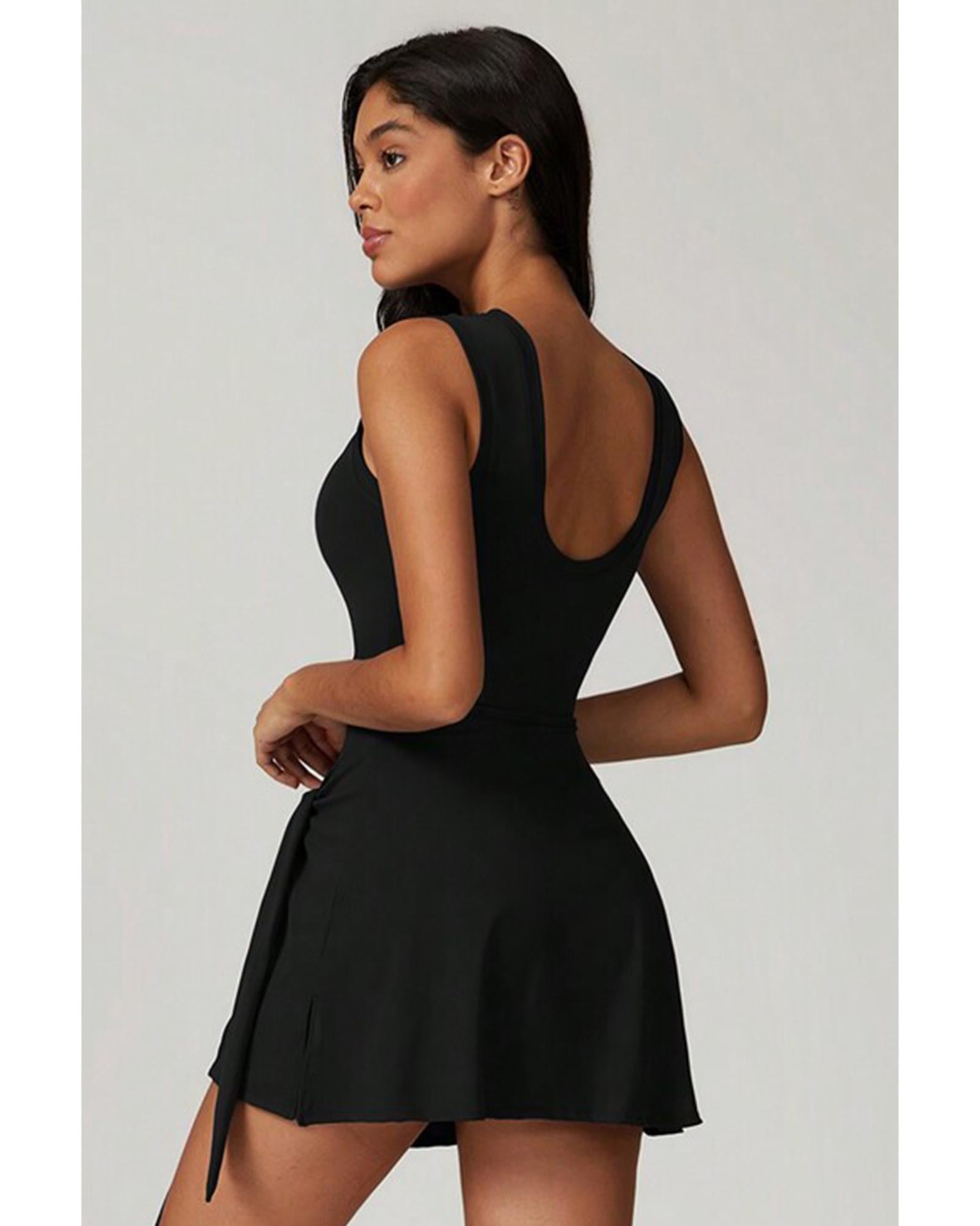 Black Sleeveless Knot Skirt Hem Sports Romper - L 3