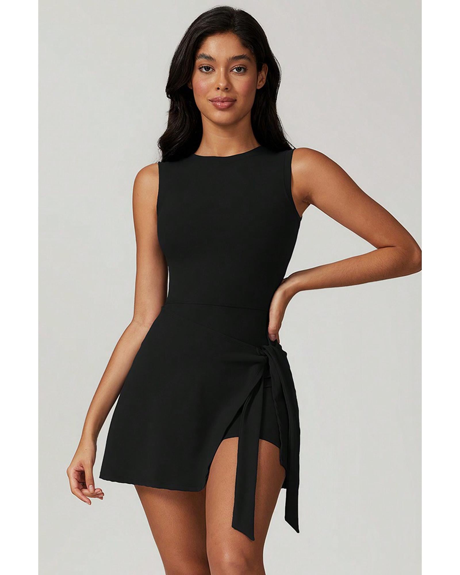Black Sleeveless Knot Skirt Hem Sports Romper - L 4