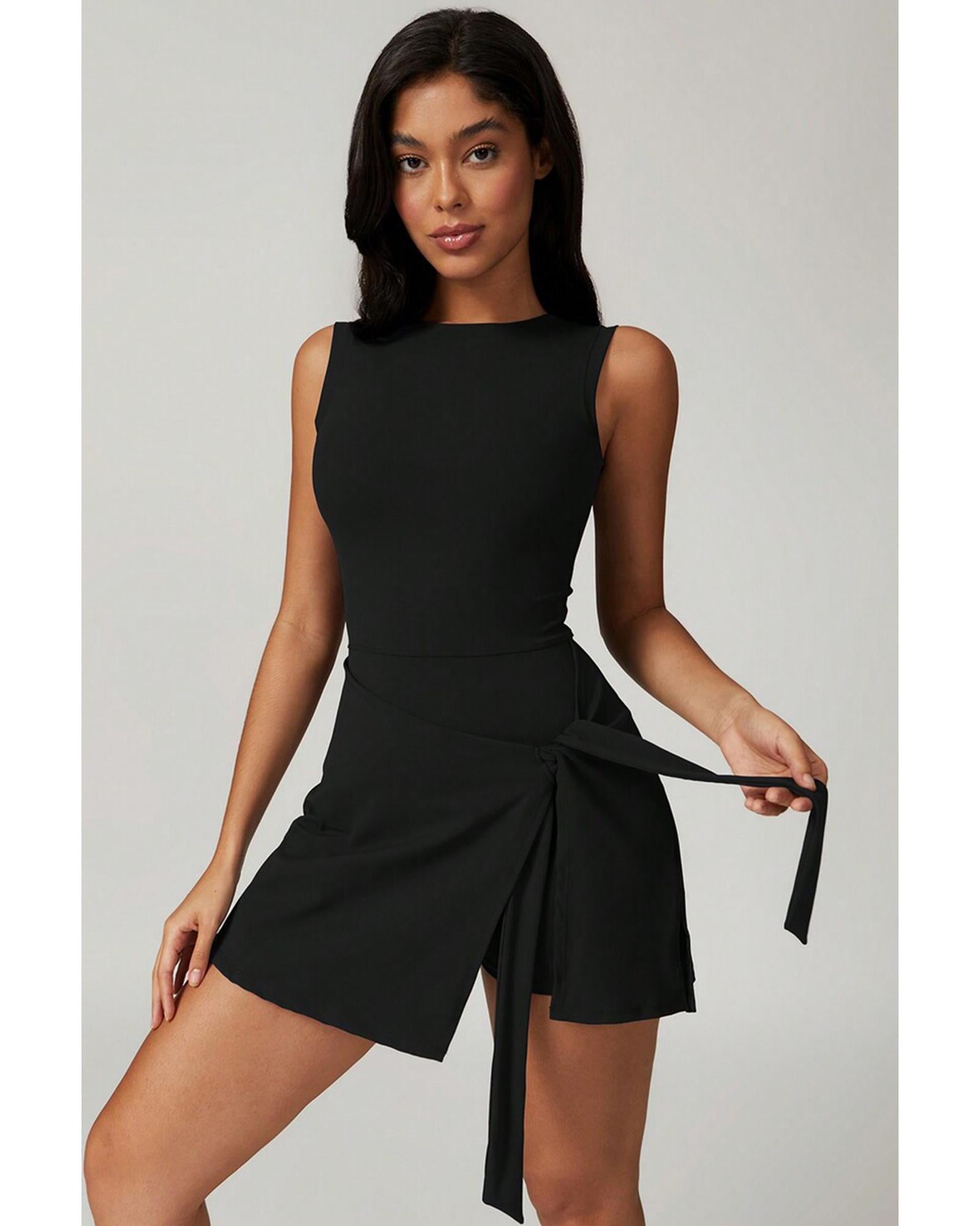 Black Sleeveless Knot Skirt Hem Sports Romper - L 5