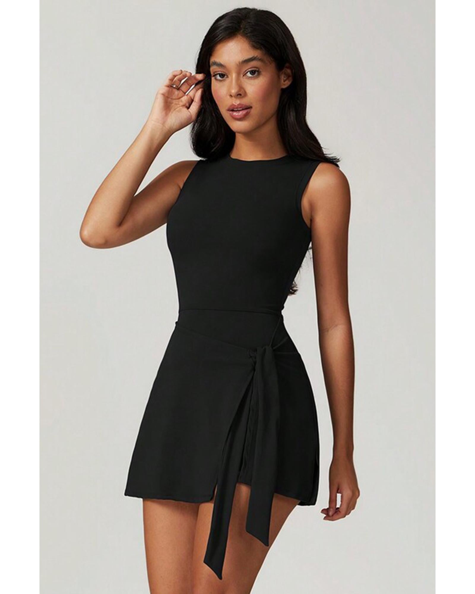 Black Sleeveless Knot Skirt Hem Sports Romper - L 6