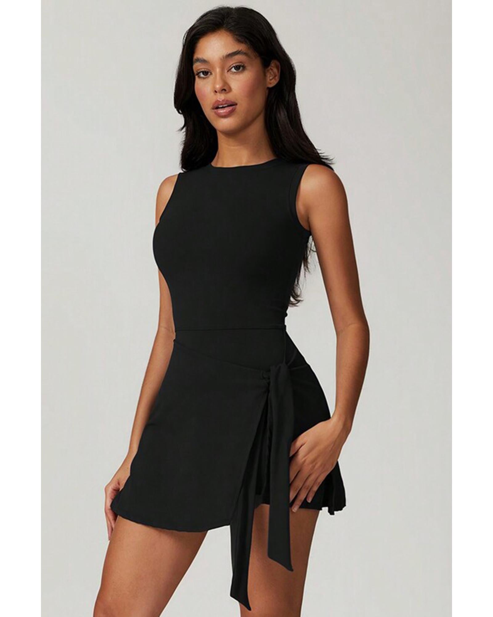 Black Sleeveless Knot Skirt Hem Sports Romper - L 7