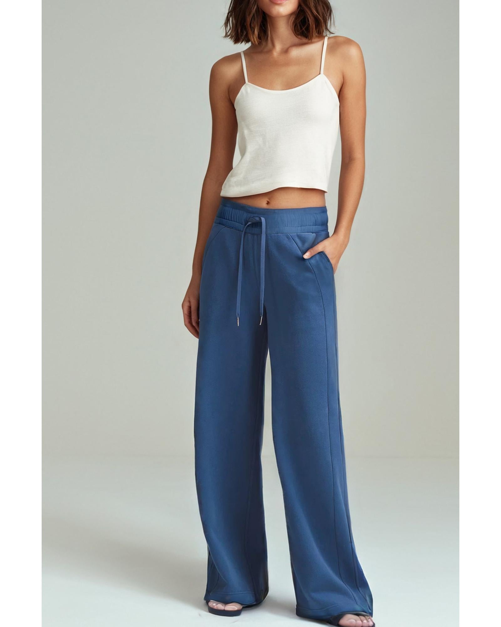 Sail Blue Drawstring High Waist Wide Leg Pocketed Sweatpants - 2XL 3