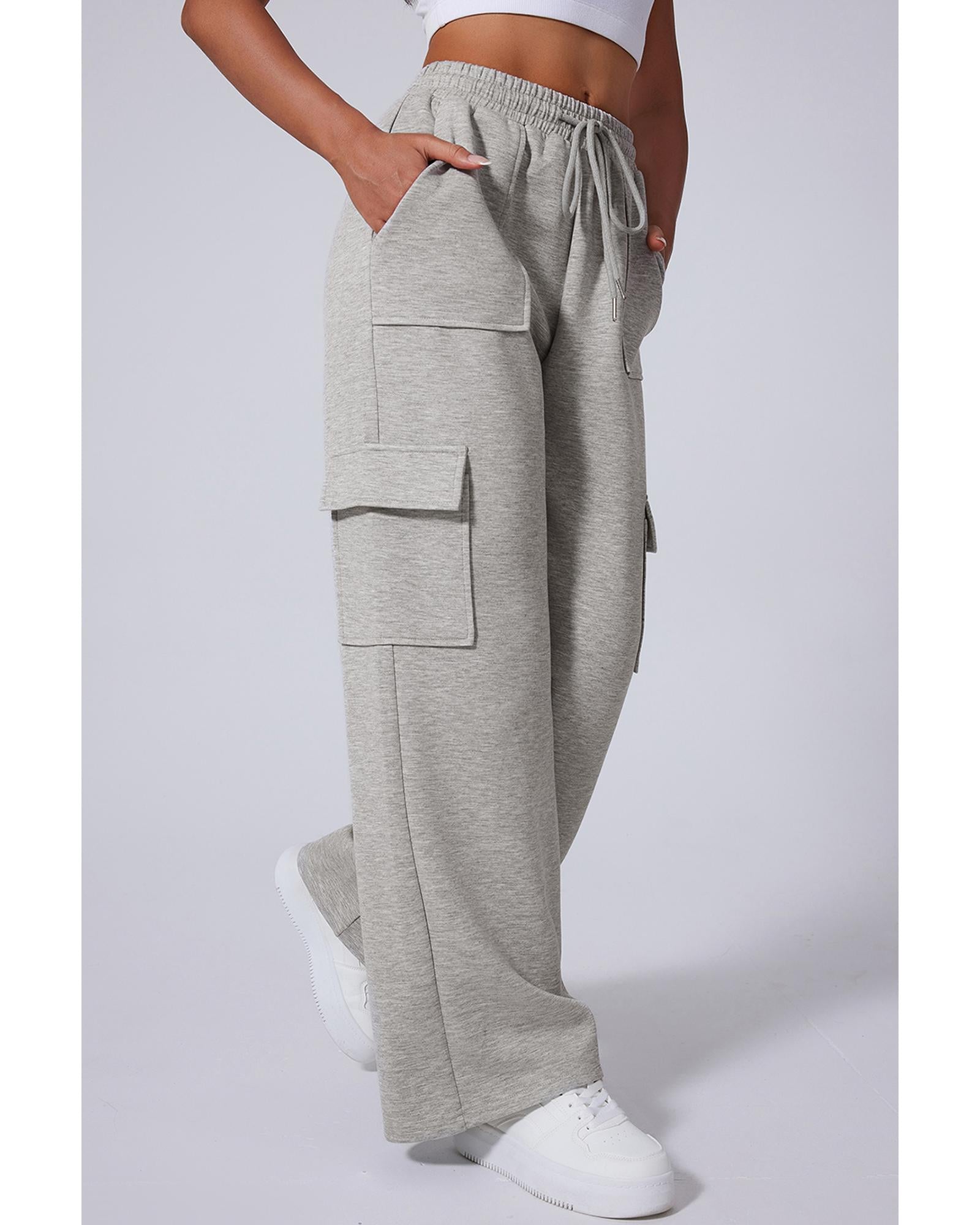 Light Grey Multi Pockets Lace-up High Waist Wide Leg Workout Pants - 2XL