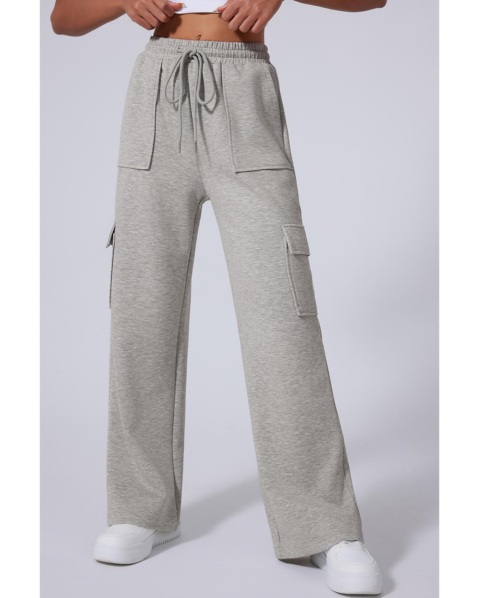 Light Grey Multi Pockets Lace-up High Waist Wide Leg Workout Pants - 2XL 3