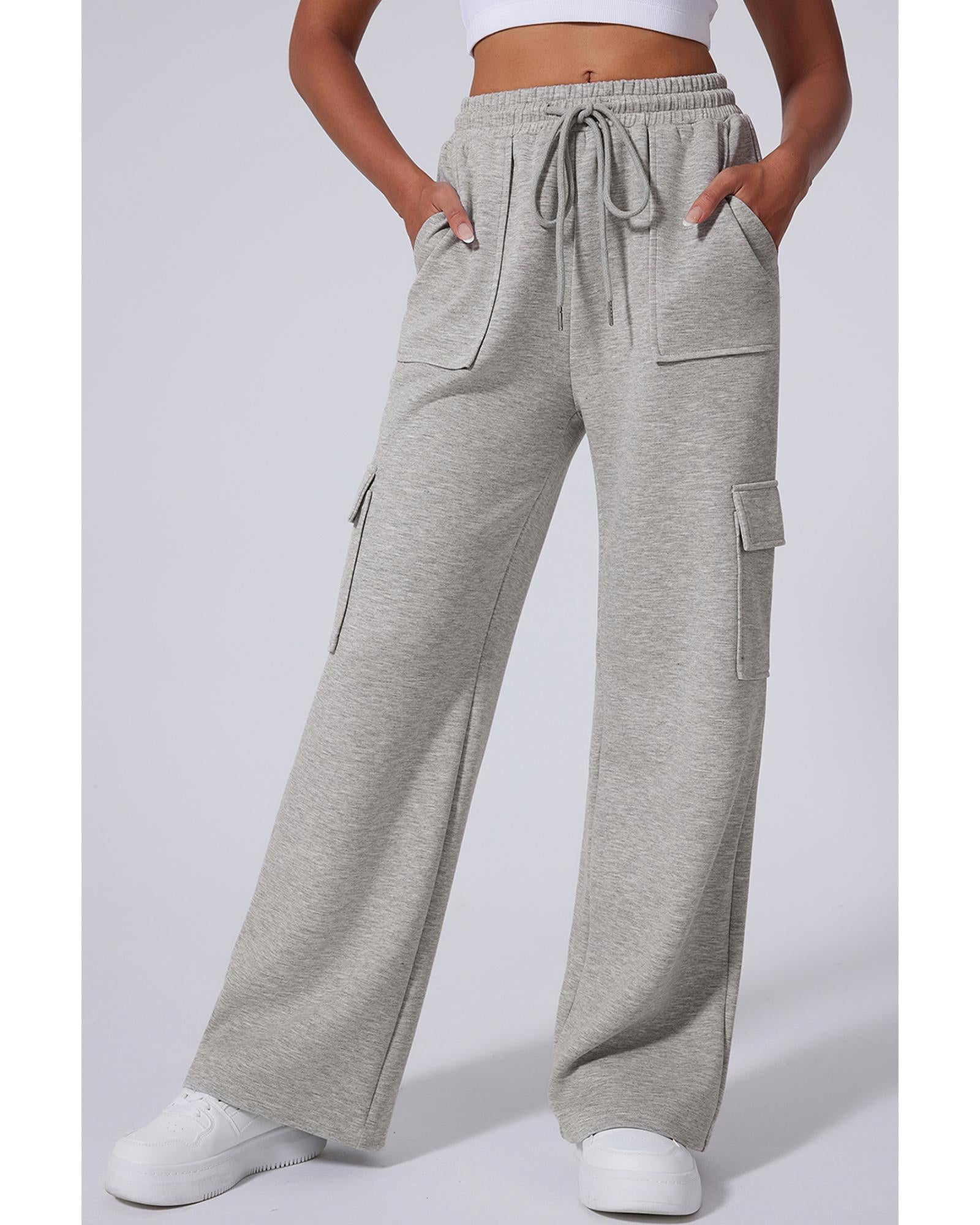 Light Grey Multi Pockets Lace-up High Waist Wide Leg Workout Pants - 2XL 5