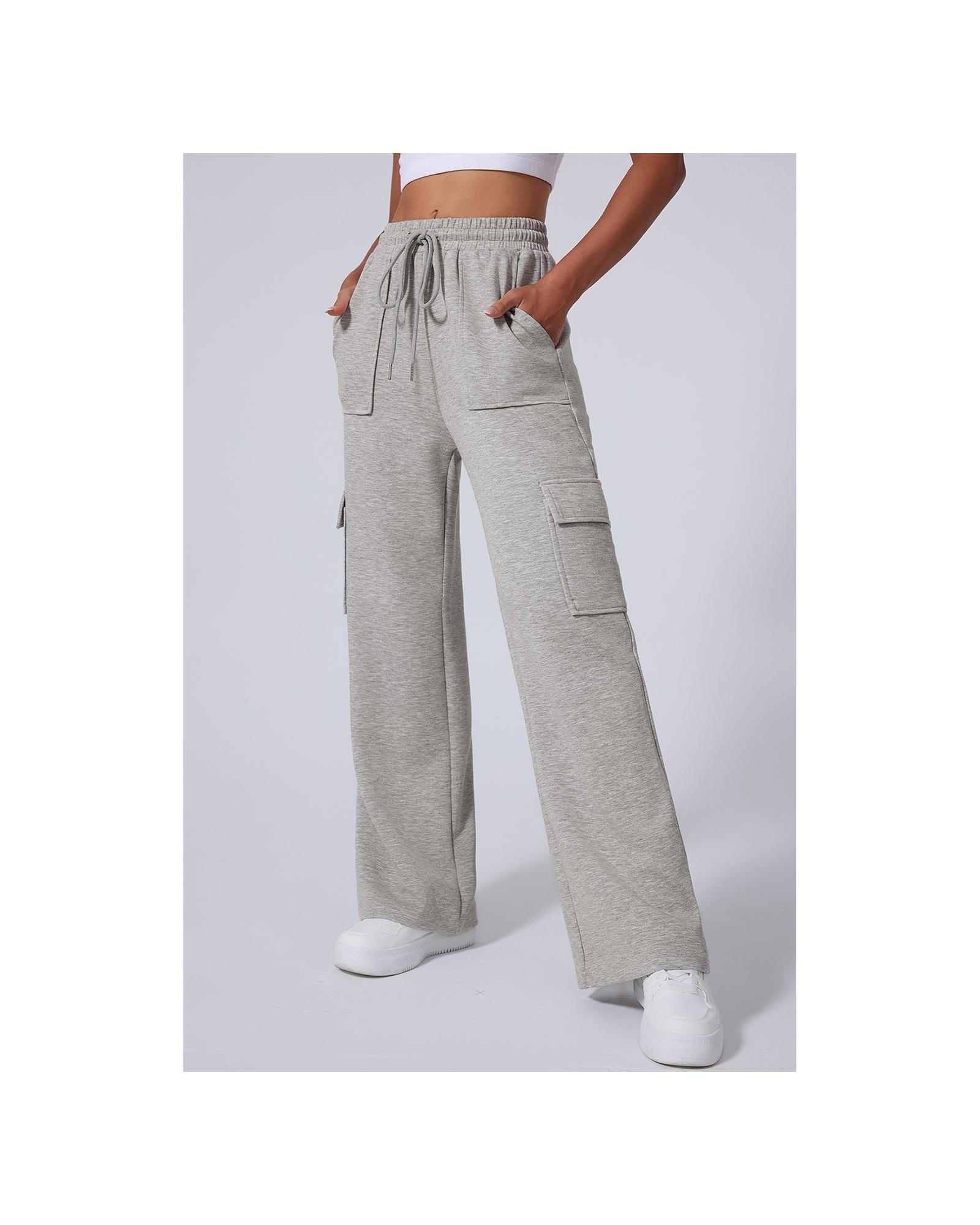 Light Grey Multi Pockets Lace-up High Waist Wide Leg Workout Pants - XL
