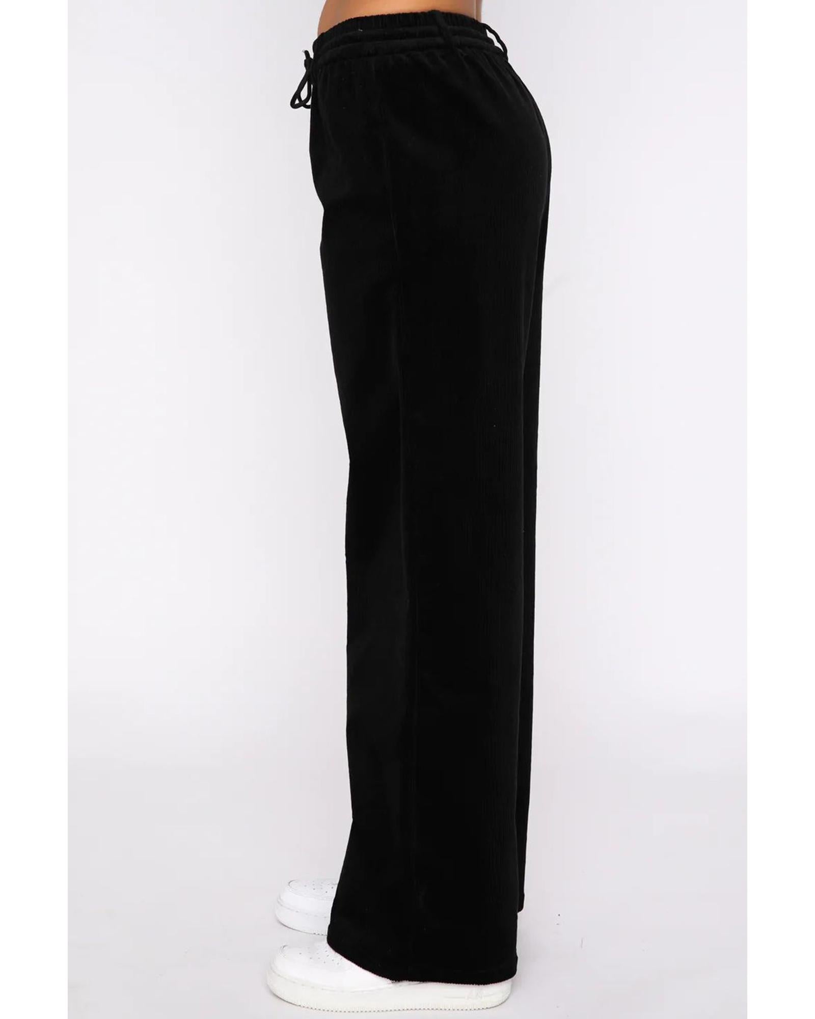 Black Solid Drawstring Waist Wide Leg Pants - S