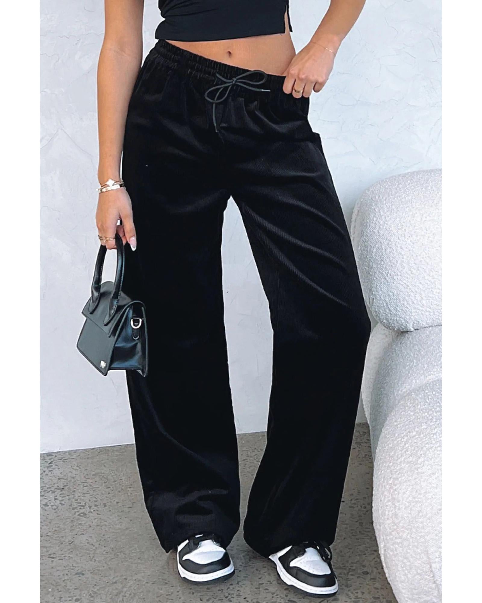 Black Solid Drawstring Waist Wide Leg Pants - S 3