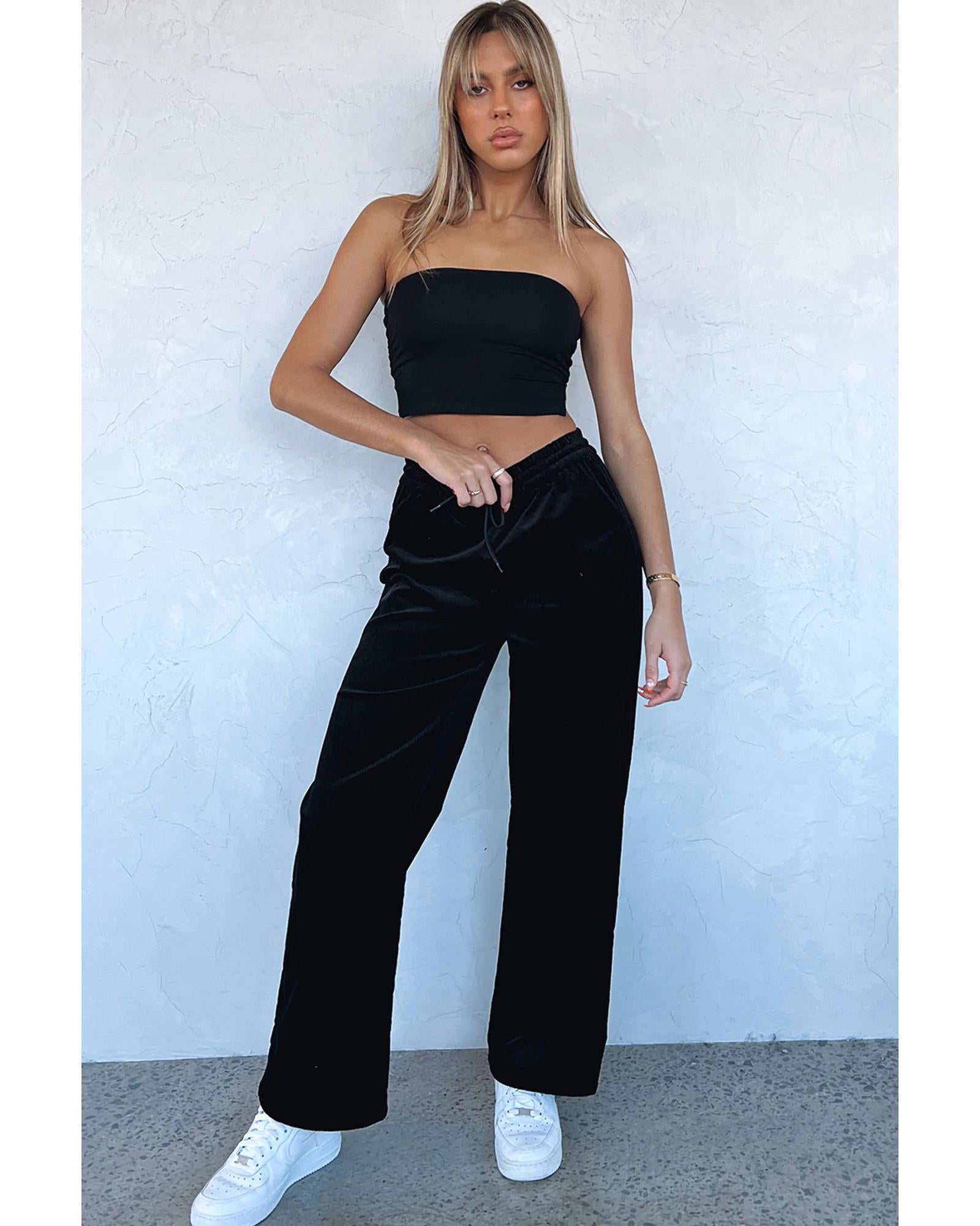 Black Solid Drawstring Waist Wide Leg Pants - S 4