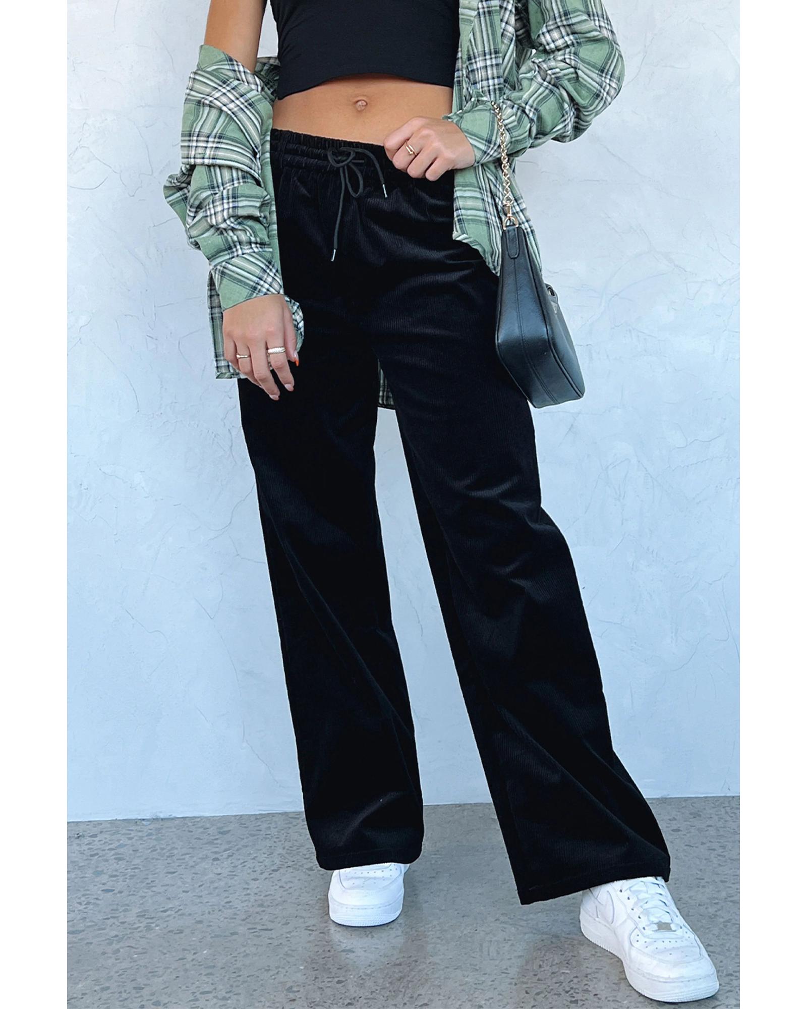 Black Solid Drawstring Waist Wide Leg Pants - S 5