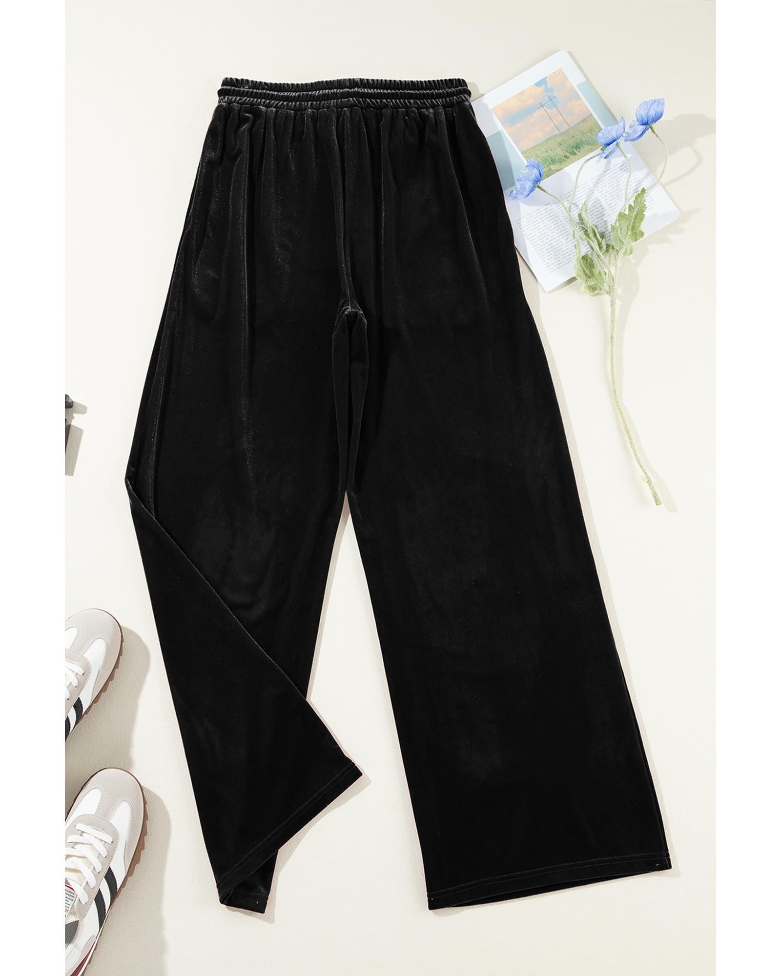 Black Solid Drawstring Waist Wide Leg Pants - S 7