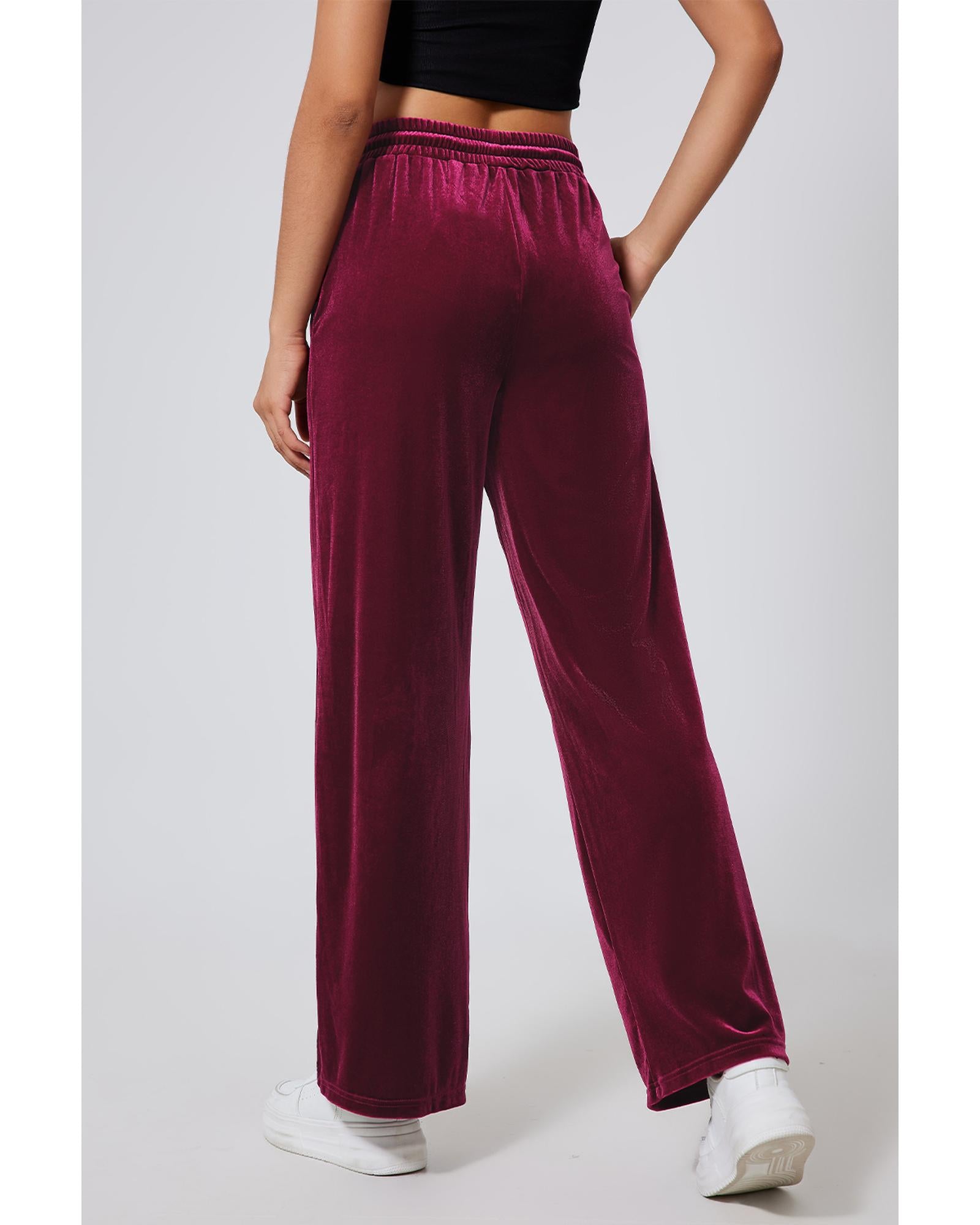 Burgundy Solid Drawstring Waist Wide Leg Pants - L 4