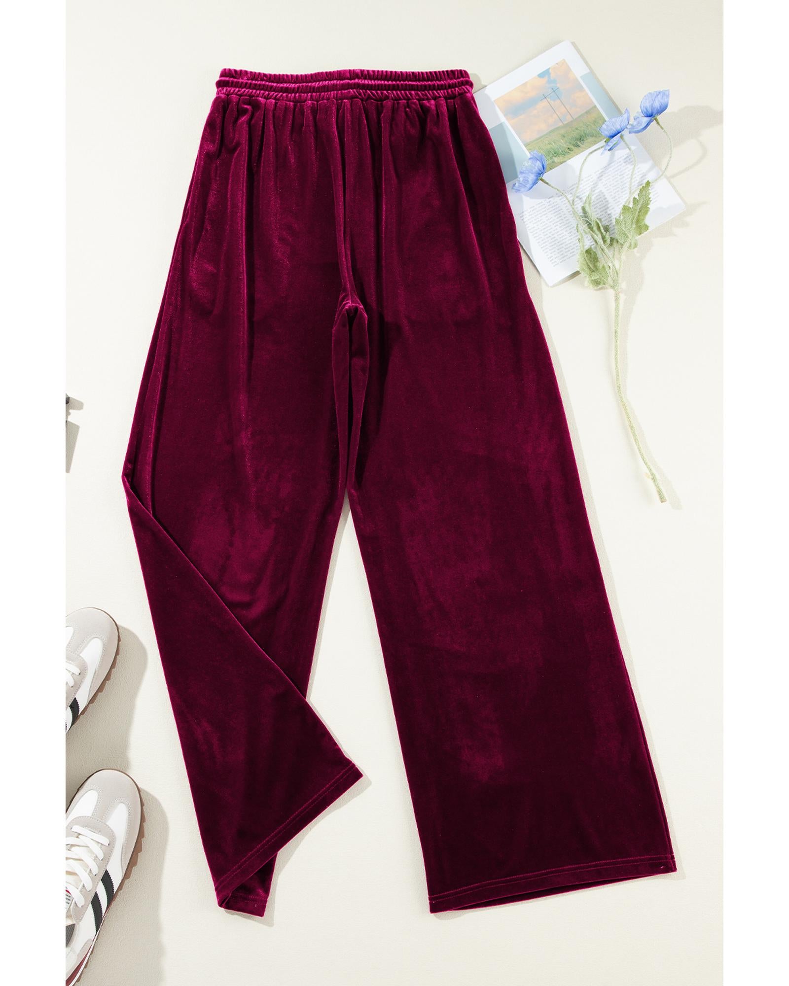 Burgundy Solid Drawstring Waist Wide Leg Pants - L 8