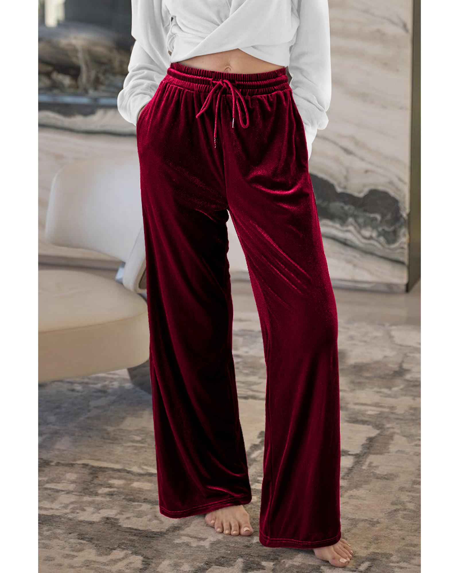 Burgundy Solid Drawstring Waist Wide Leg Pants - M 6