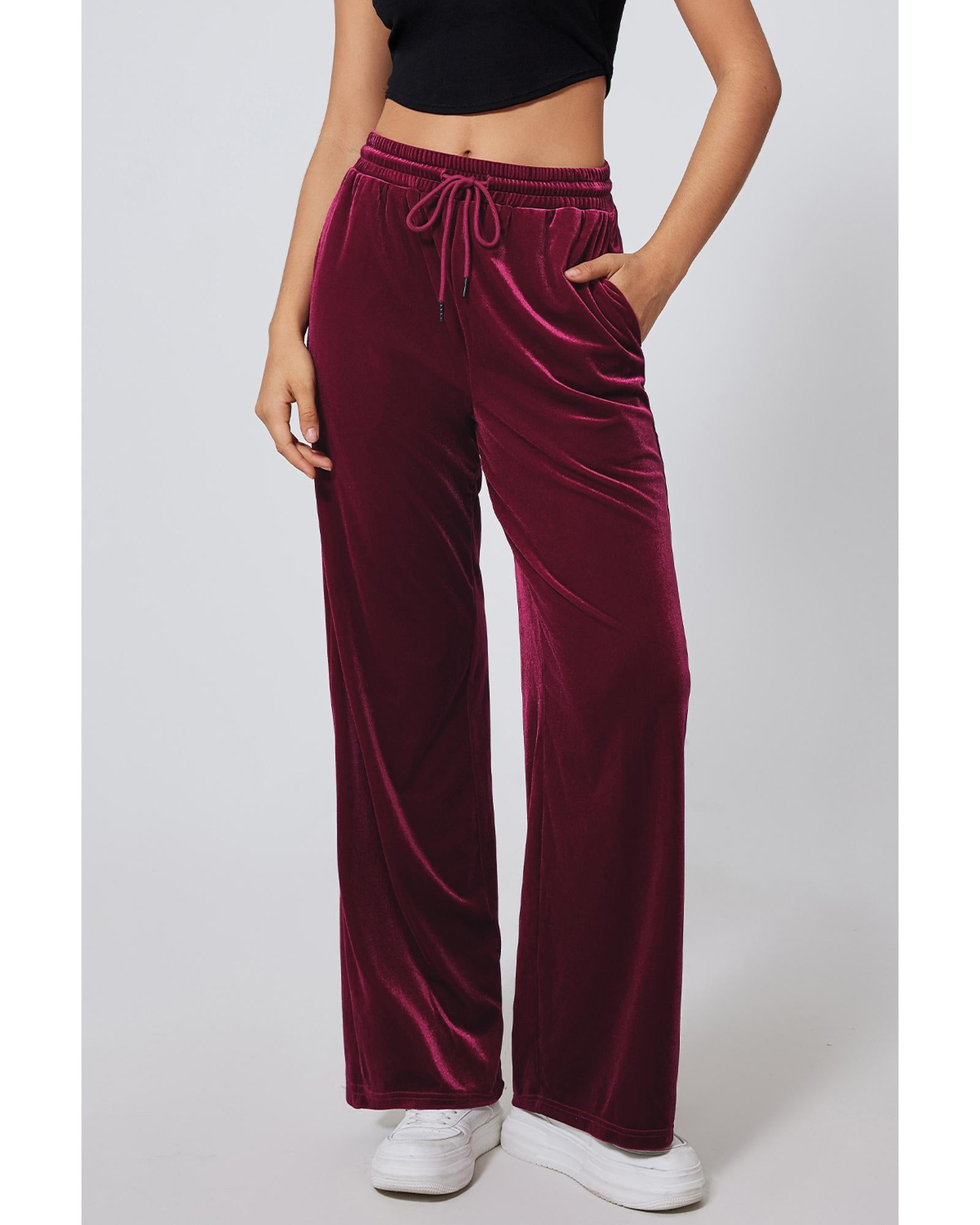 Burgundy Solid Drawstring Waist Wide Leg Pants - XL