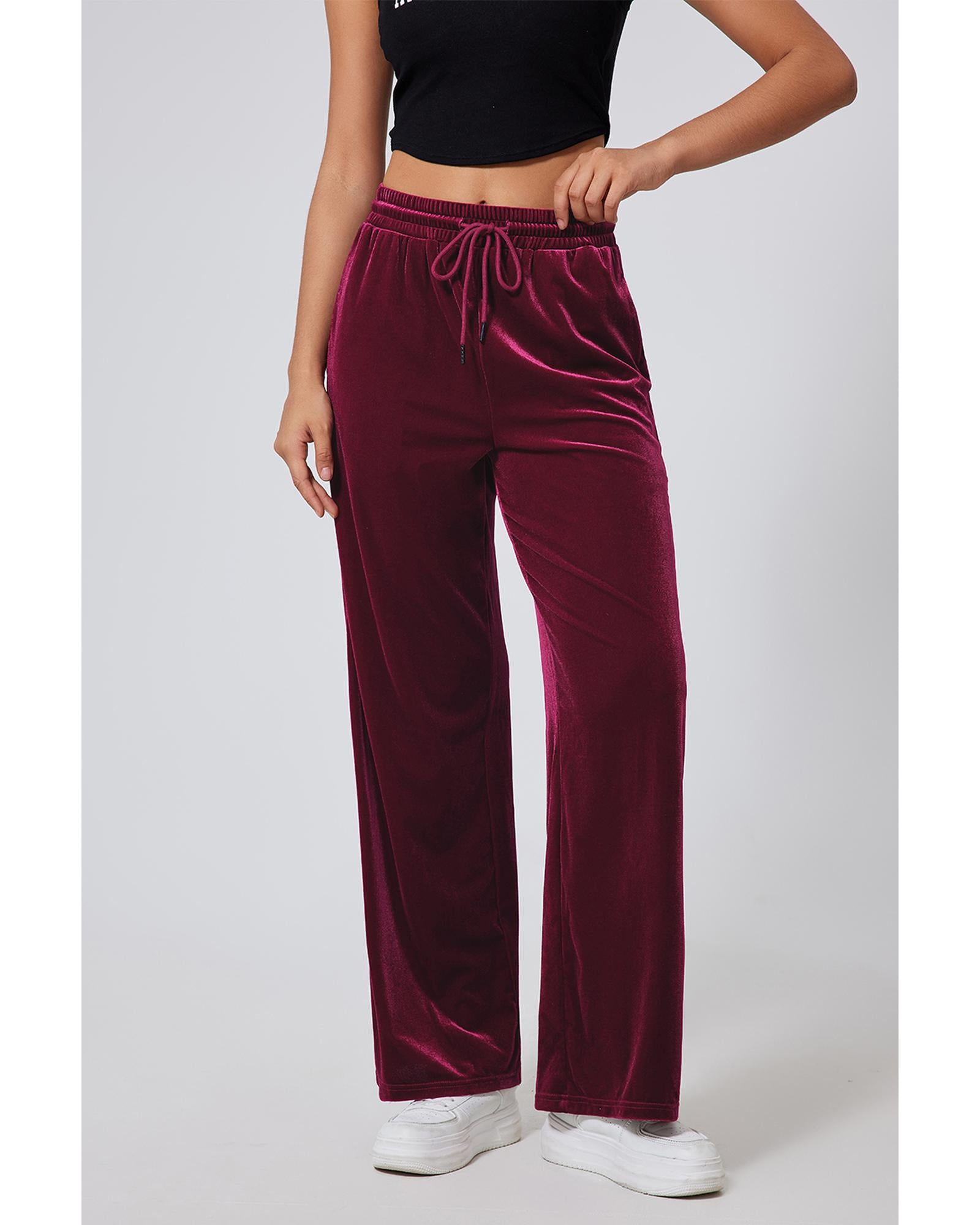 Burgundy Solid Drawstring Waist Wide Leg Pants - XL 5