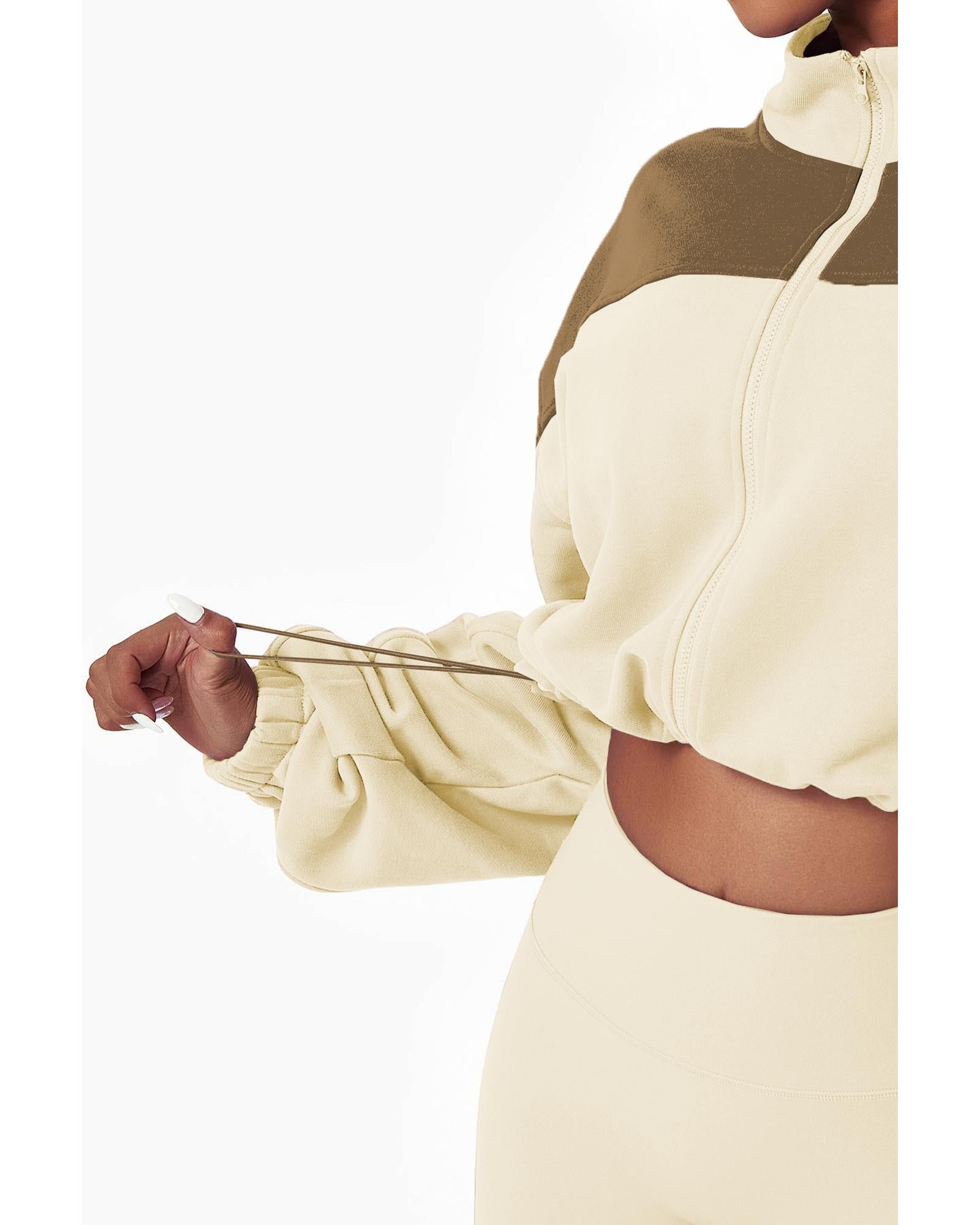 Beige Color Block Drawstring Cropped Athleisure Jacket - XL