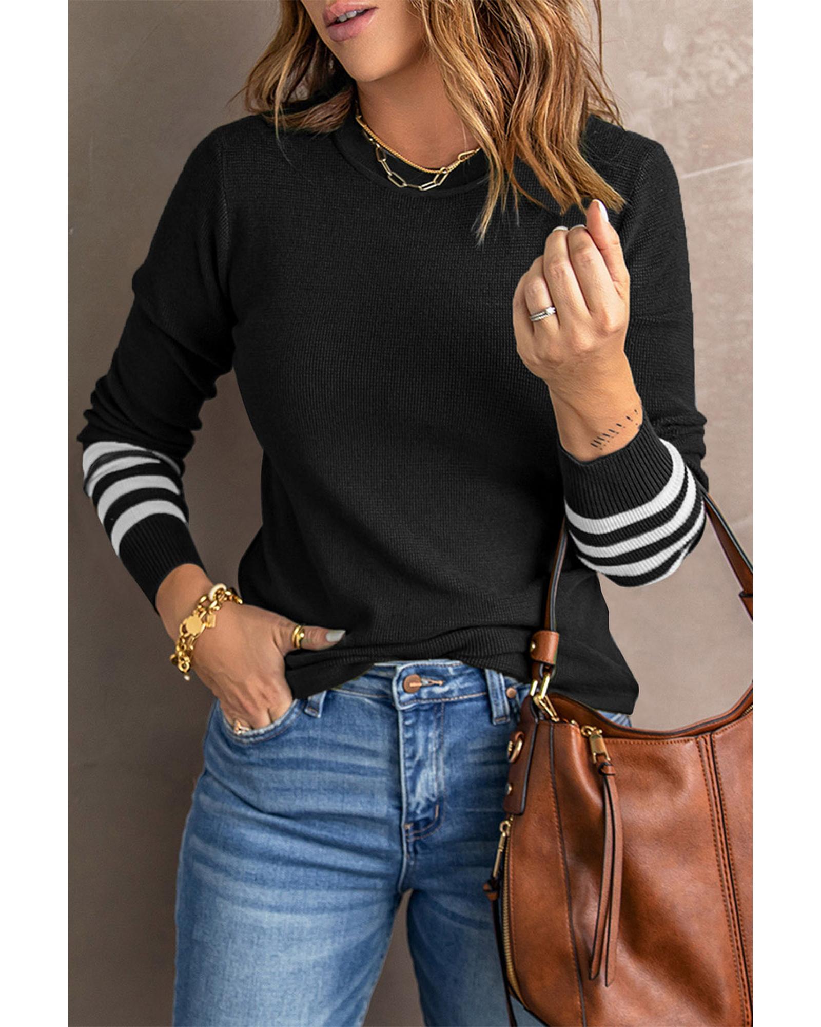 Black Striped Sleeve Plain Knit Sweater - XL