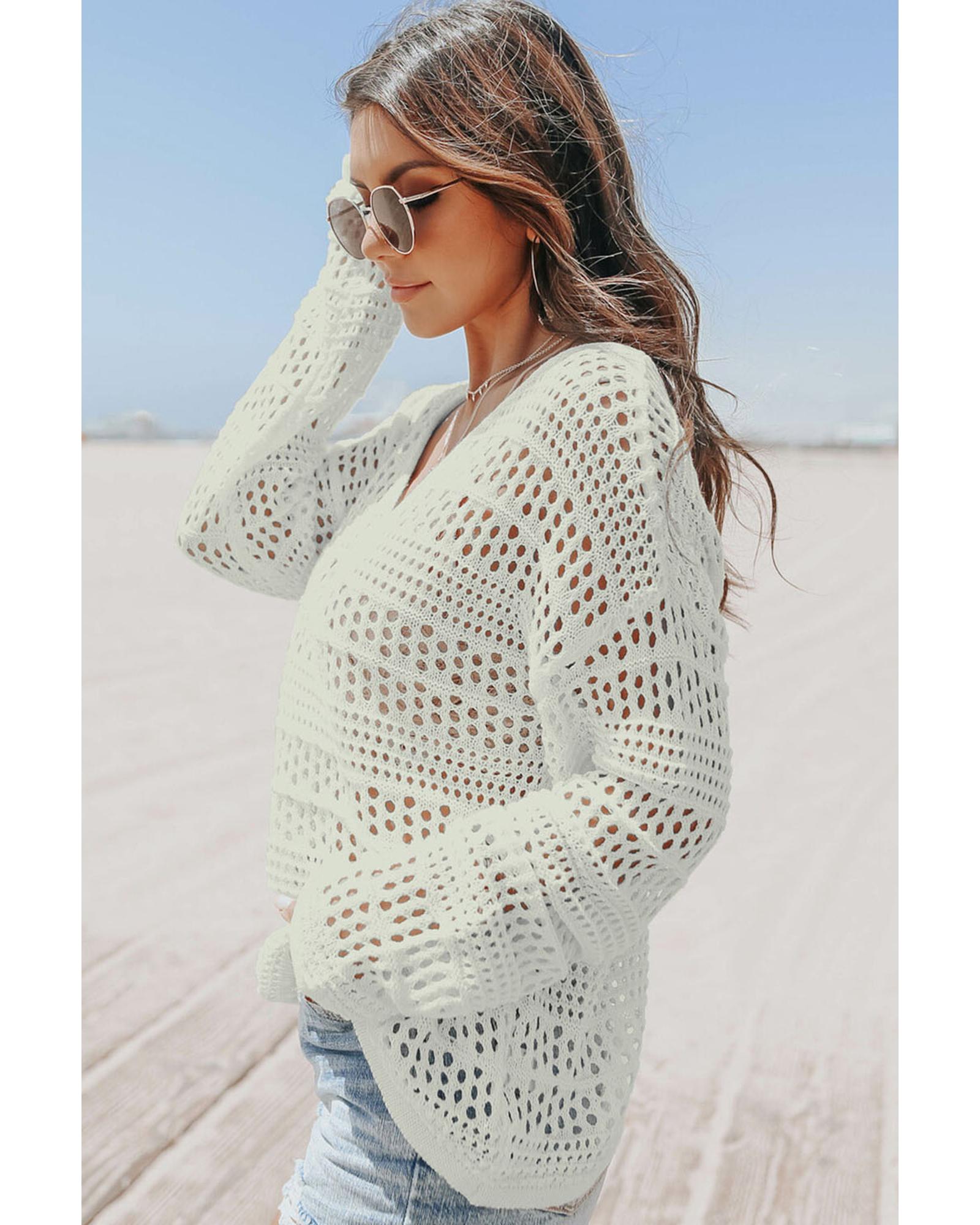 White Hollow Out Crochet V Neck Pullover Sweater - XL