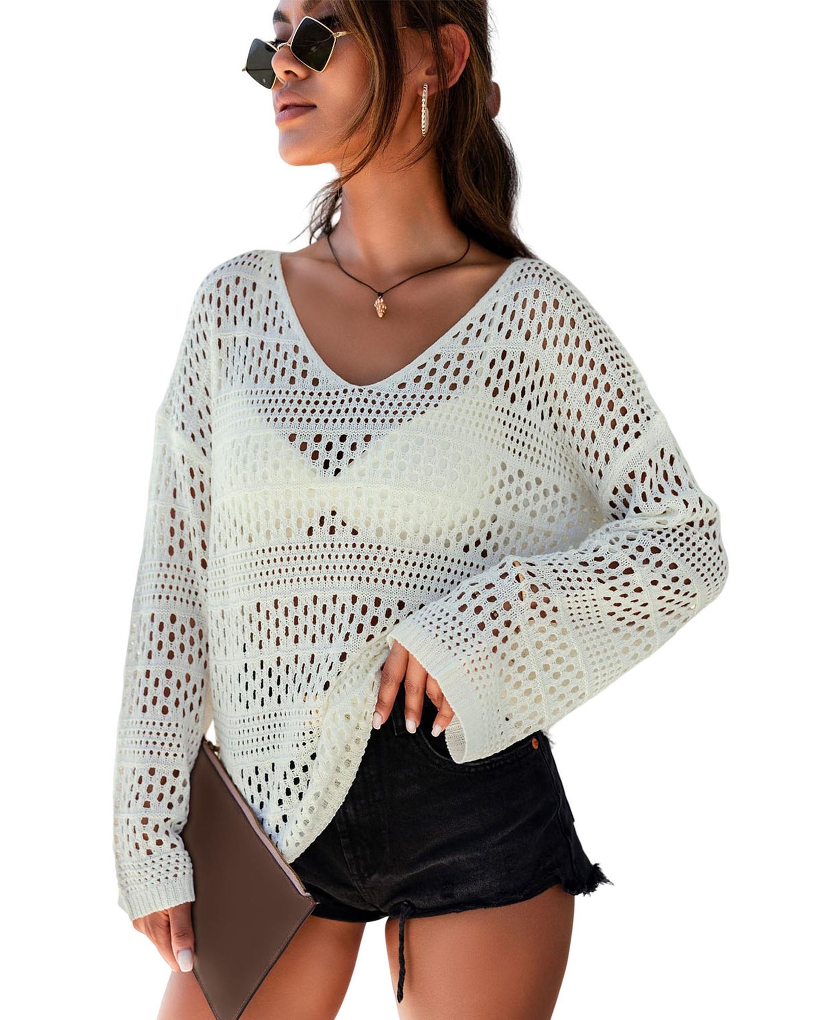White Hollow Out Crochet V Neck Pullover Sweater - XL 6