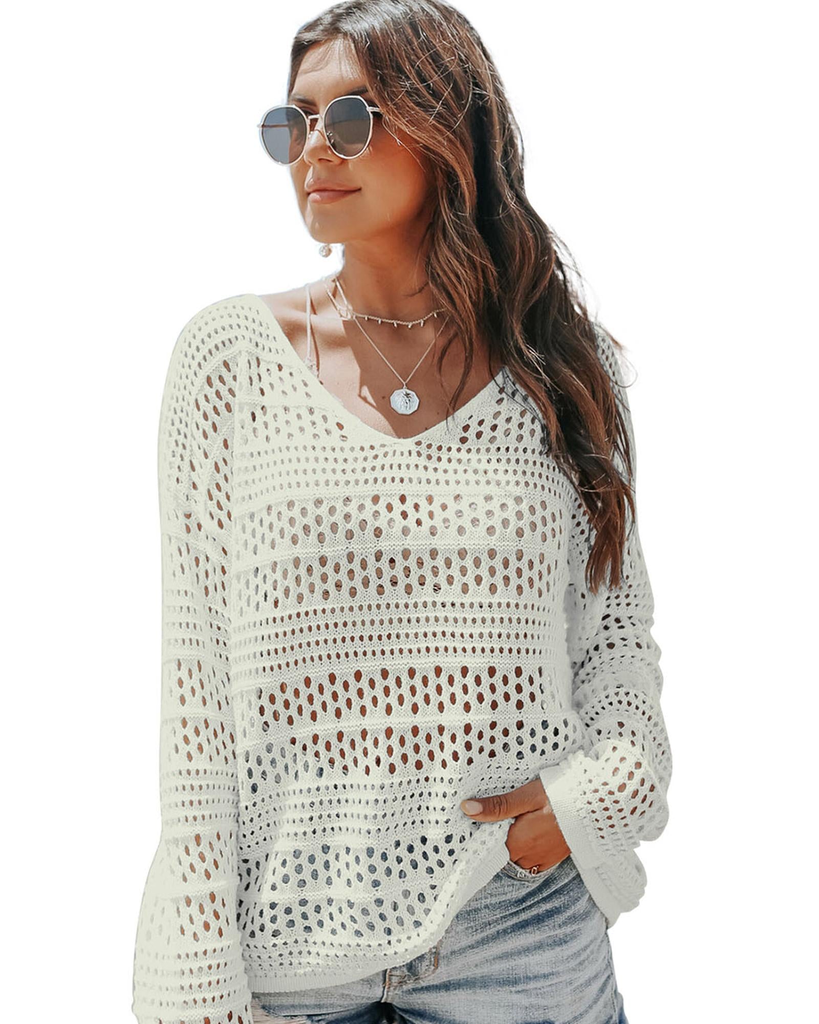 White Hollow Out Crochet V Neck Pullover Sweater - XL 8