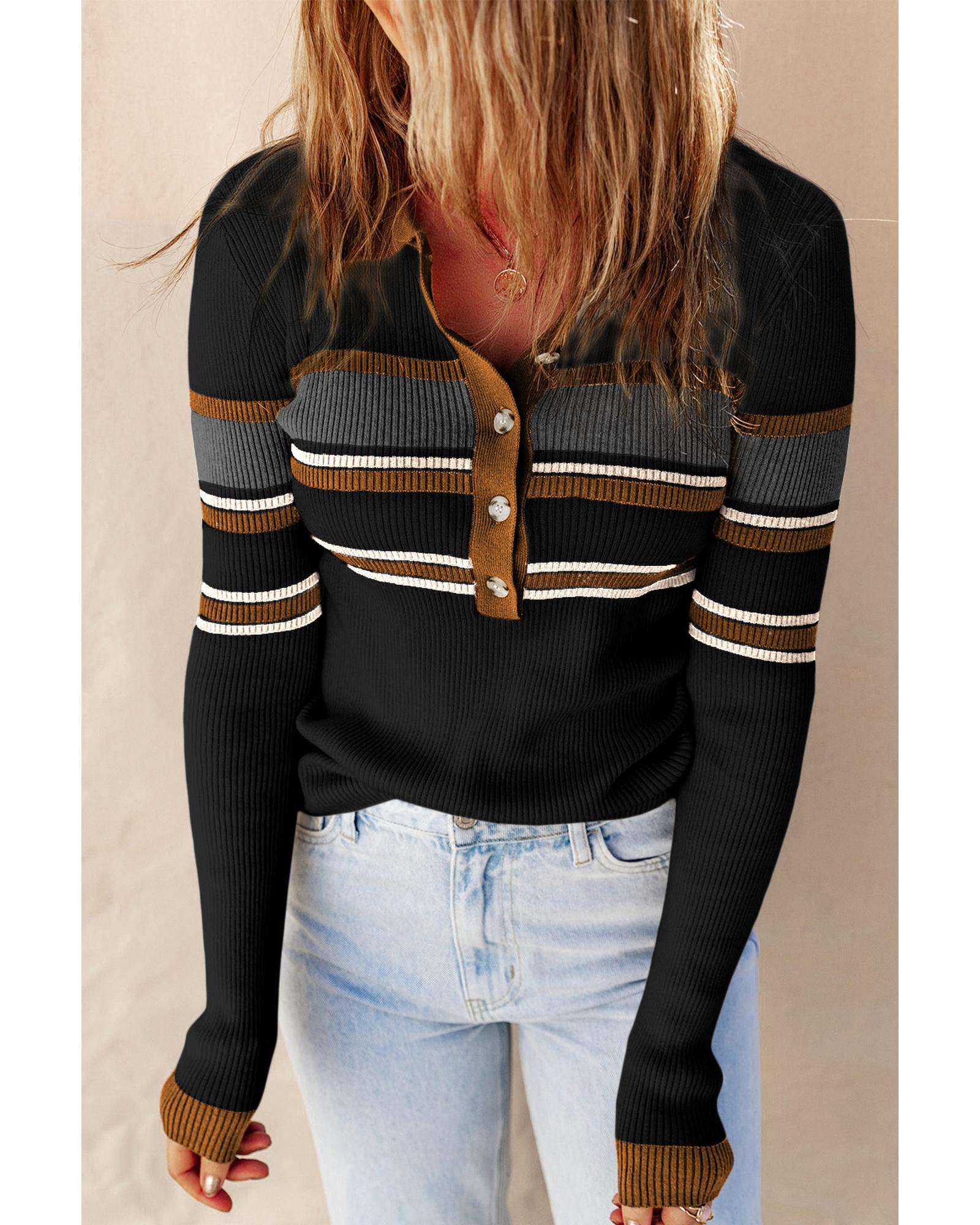 Black Rib Knitted Stripe Detail Henley Sweater - 2XL