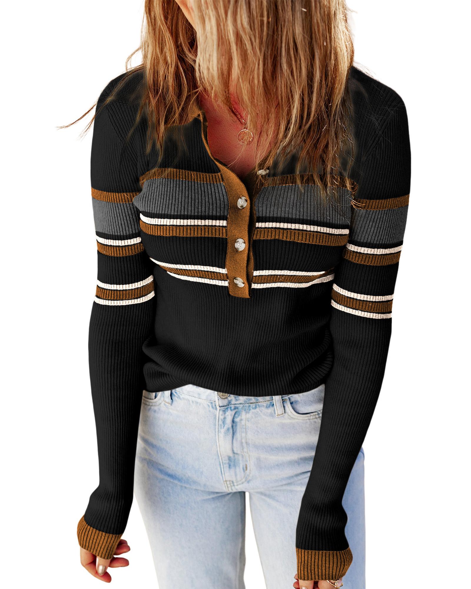 Black Rib Knitted Stripe Detail Henley Sweater - 2XL 4