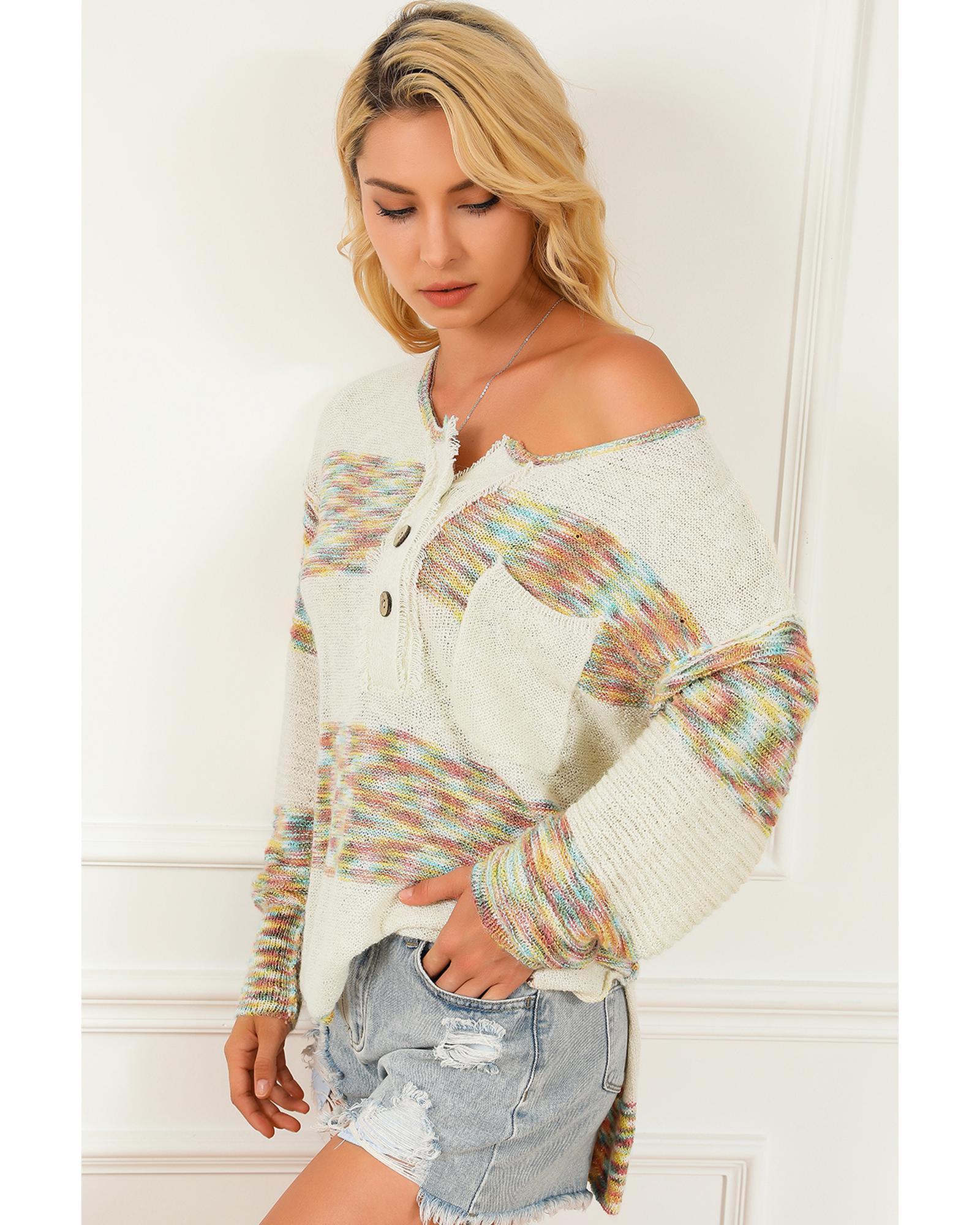 Multicolor Space Dye Henley Knit Sweater - L