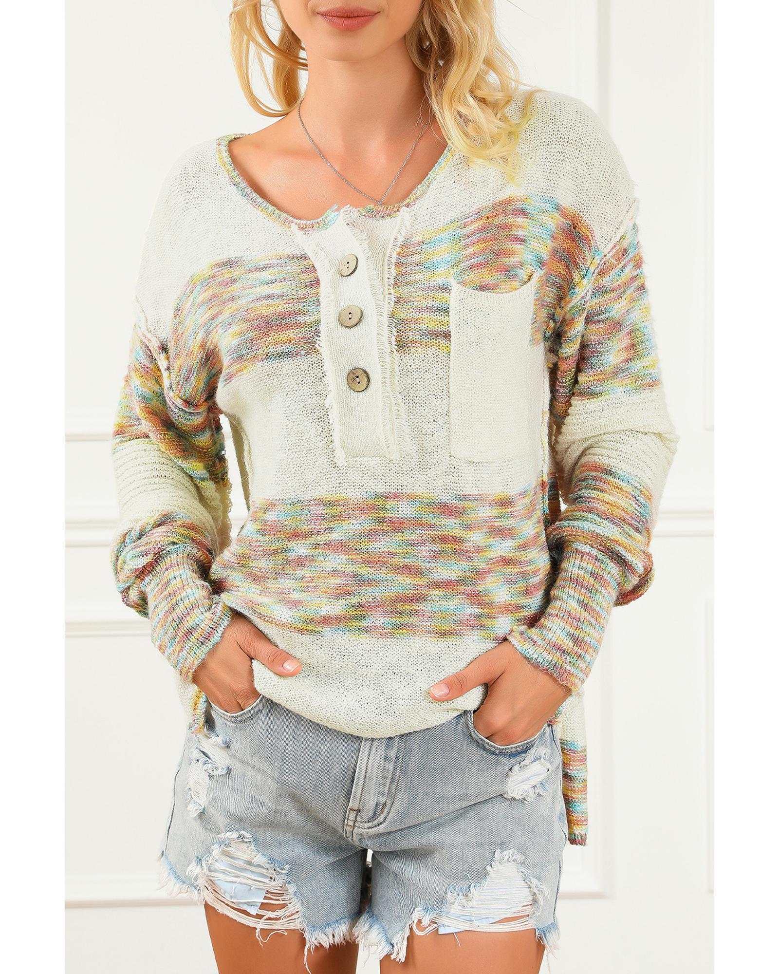 Multicolor Space Dye Henley Knit Sweater - L 4