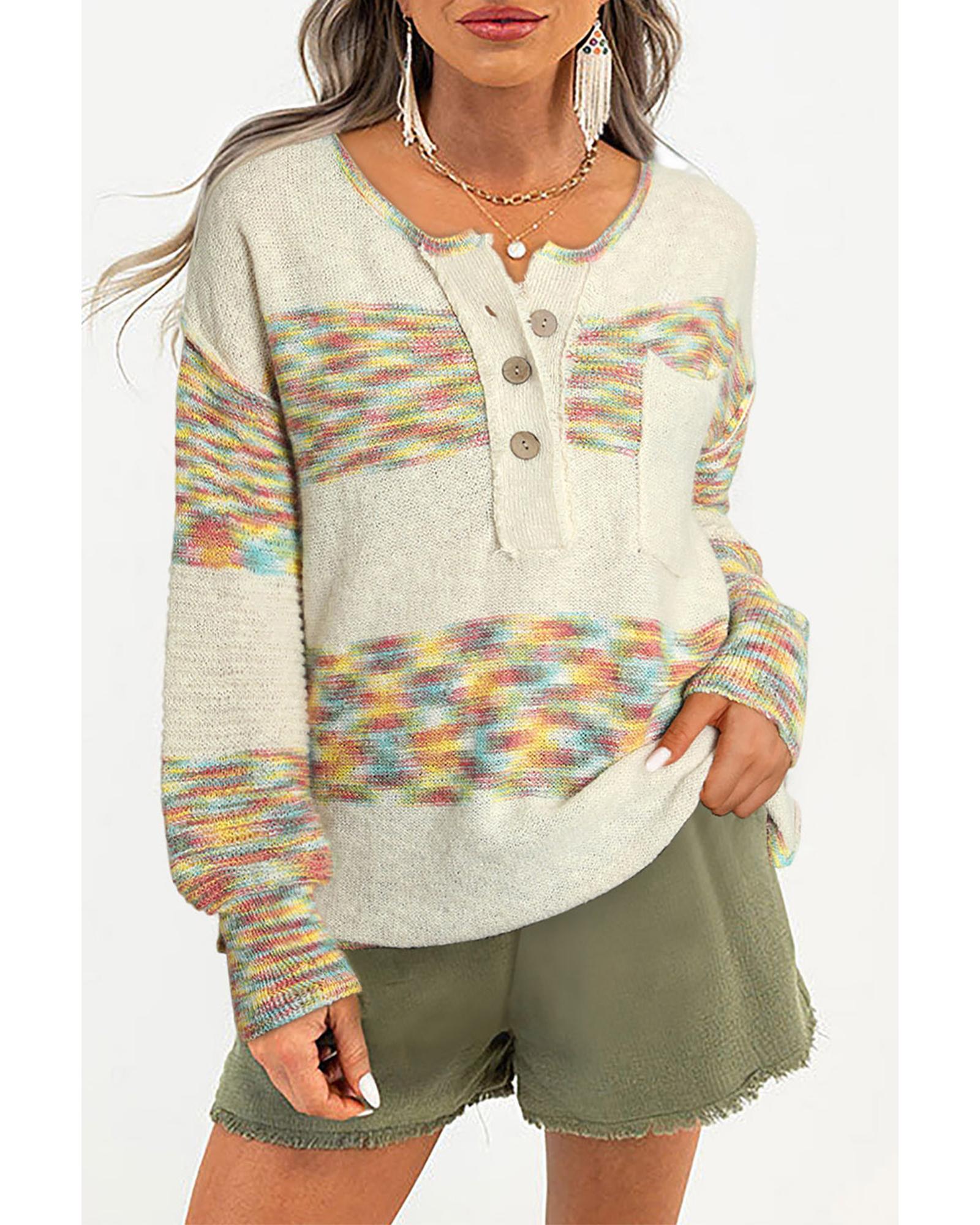 Multicolor Space Dye Henley Knit Sweater - L 5