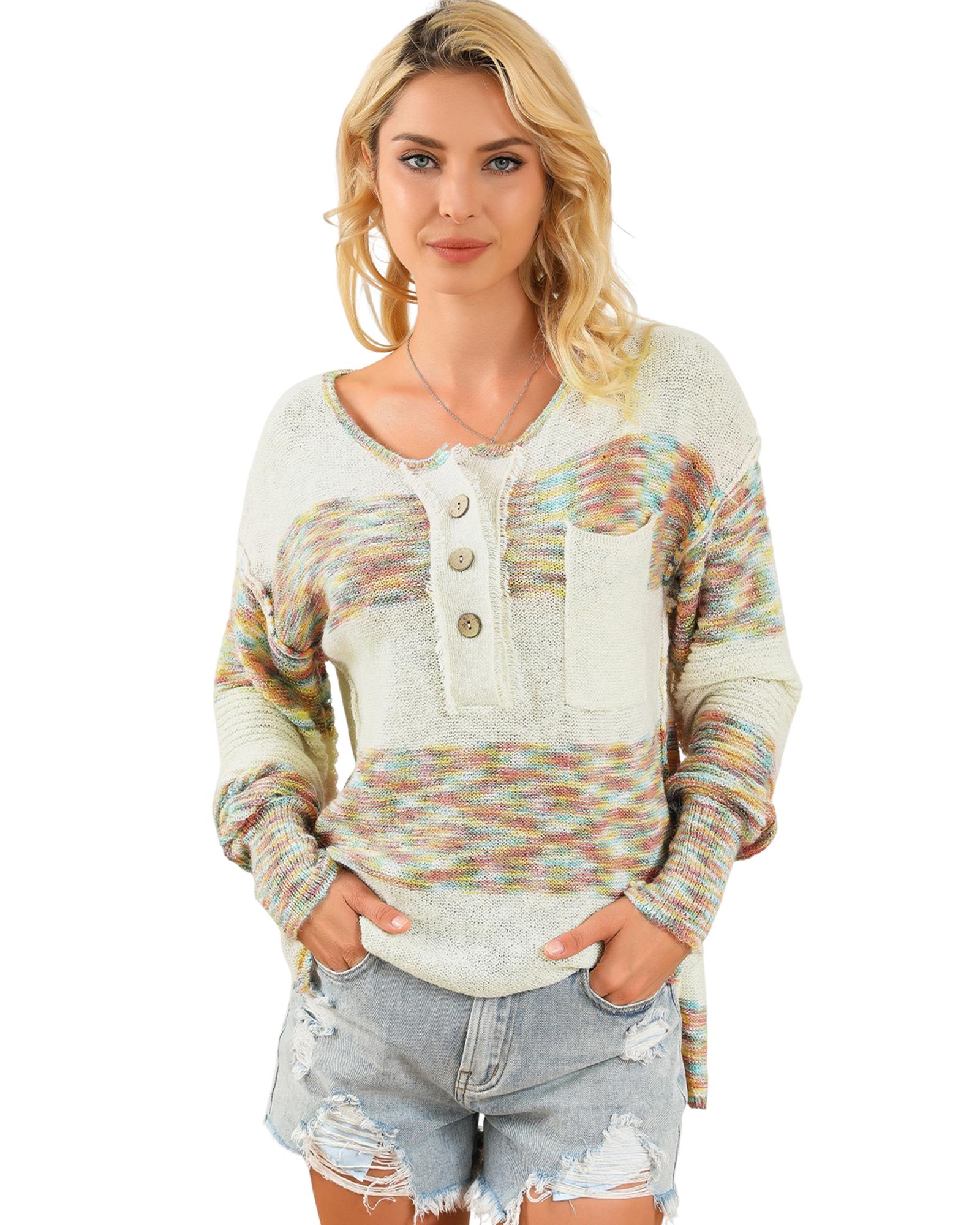 Multicolor Space Dye Henley Knit Sweater - L 7