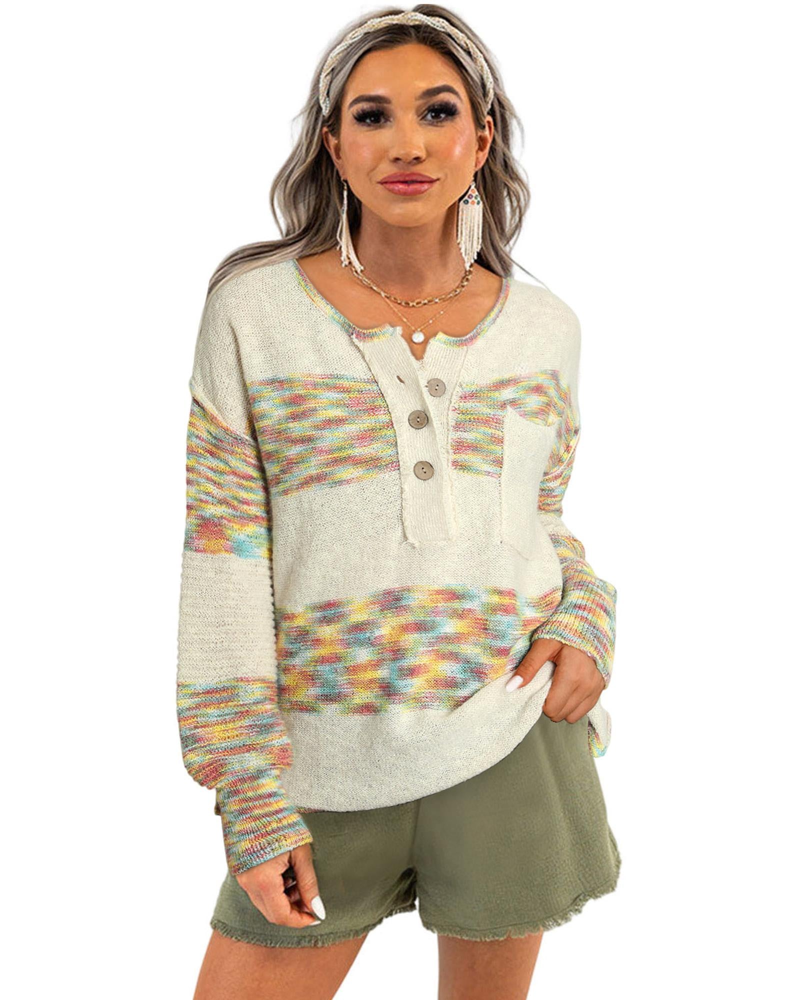 Multicolor Space Dye Henley Knit Sweater - L 8