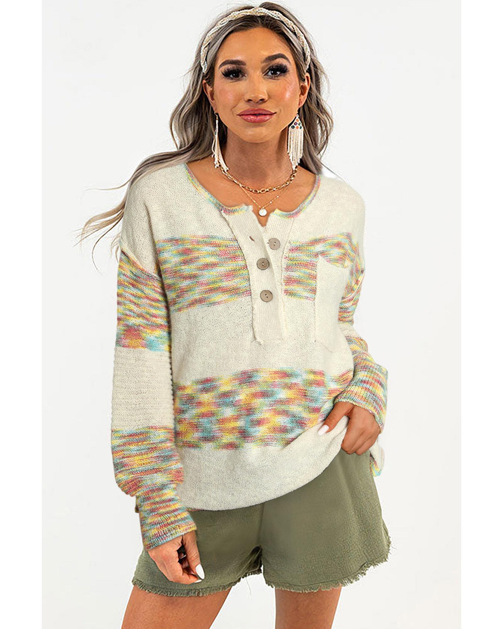 Multicolor Space Dye Henley Knit Sweater - S 3
