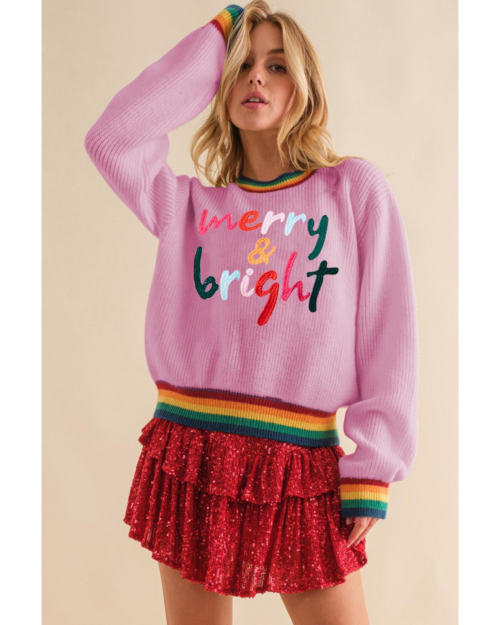 Bonbon Merry & Bright Colorful Stripes Trim Sweater - M