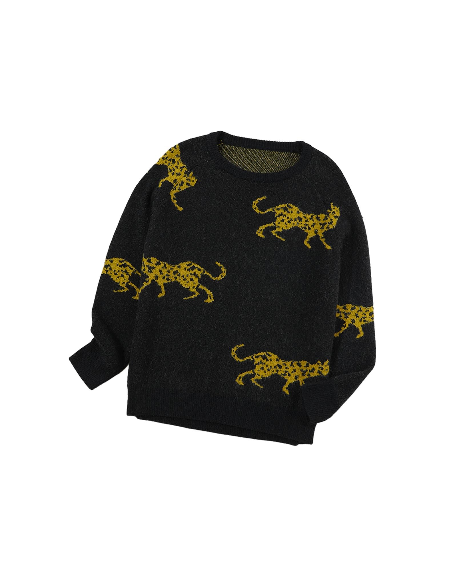 Black Cheetah Pattern Knit Round Neck Sweater - L