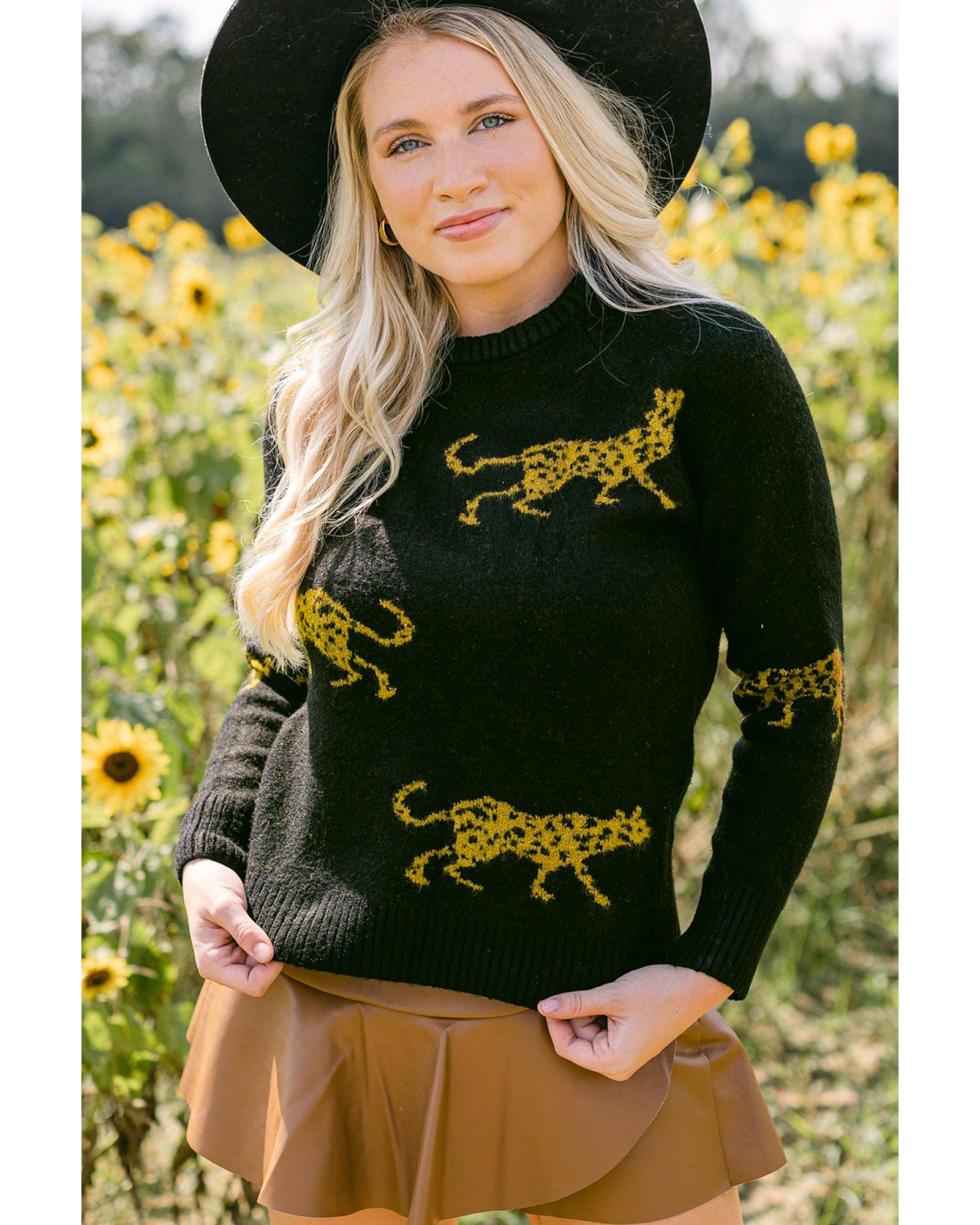 Black Cheetah Pattern Knit Round Neck Sweater - M 3