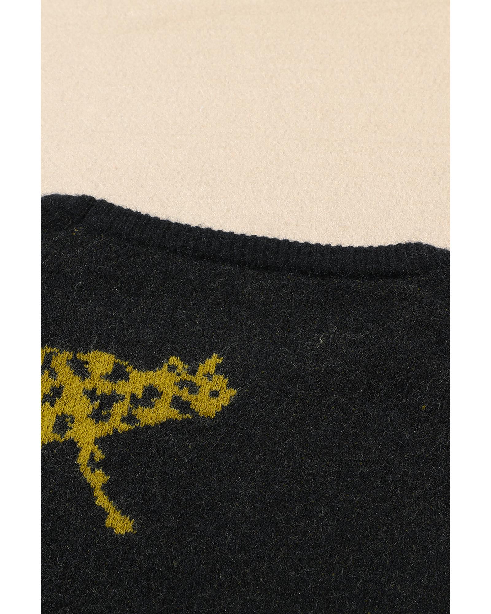 Black Cheetah Pattern Knit Round Neck Sweater - XL