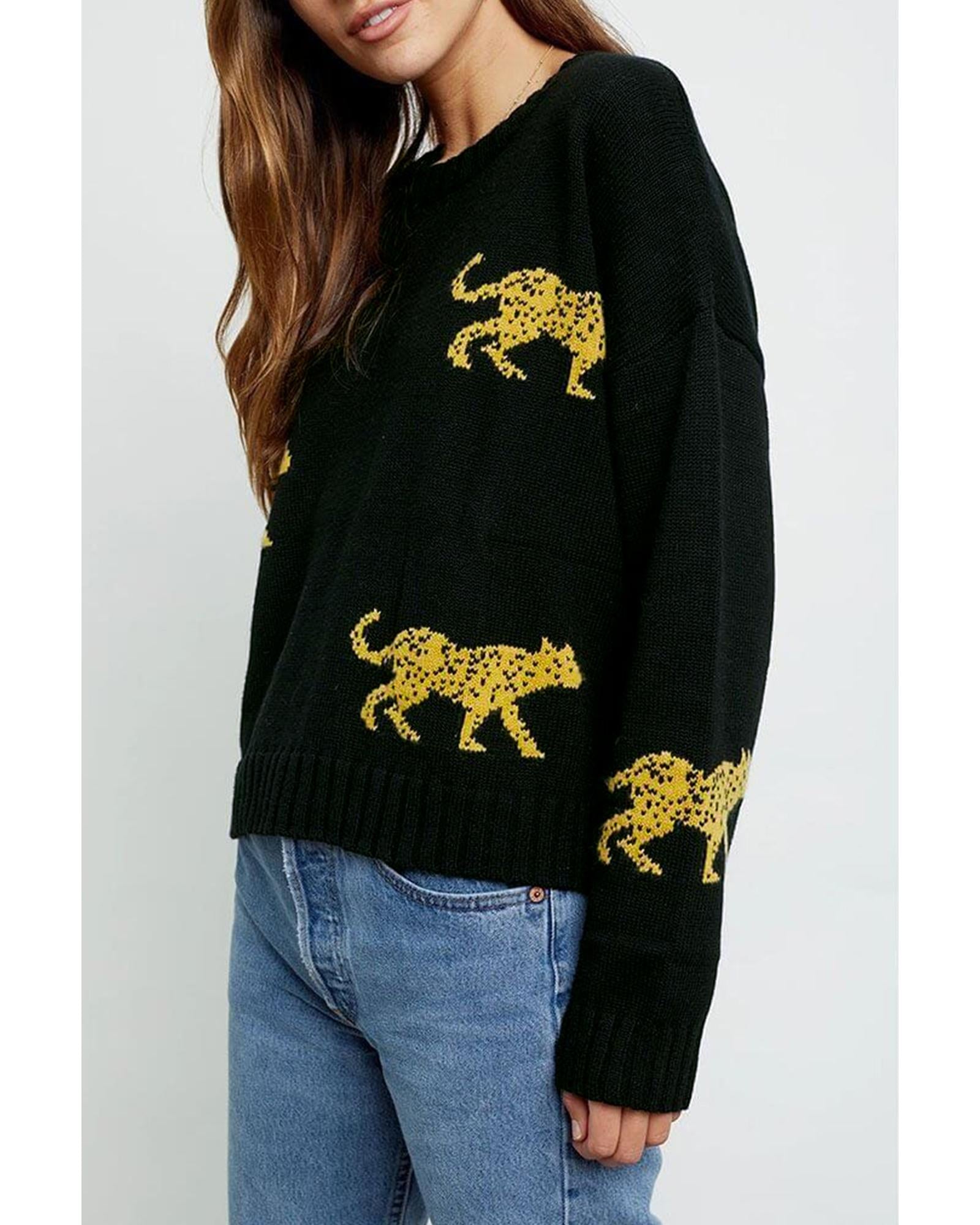 Black Cheetah Pattern Knit Round Neck Sweater - XL 6
