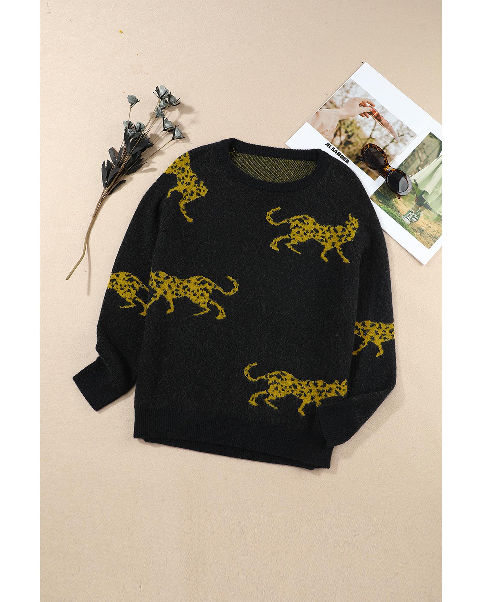 Black Cheetah Pattern Knit Round Neck Sweater - XL 8