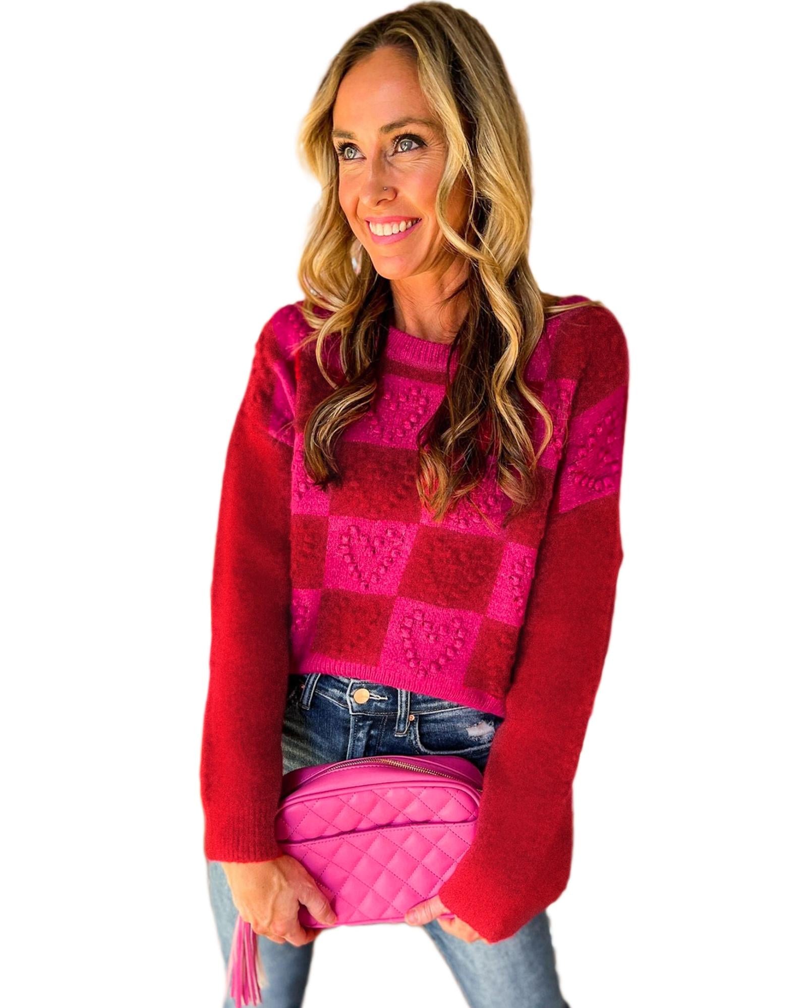 Multicolor Checkered Pattern Heart Detail Textured Sweater - M 4