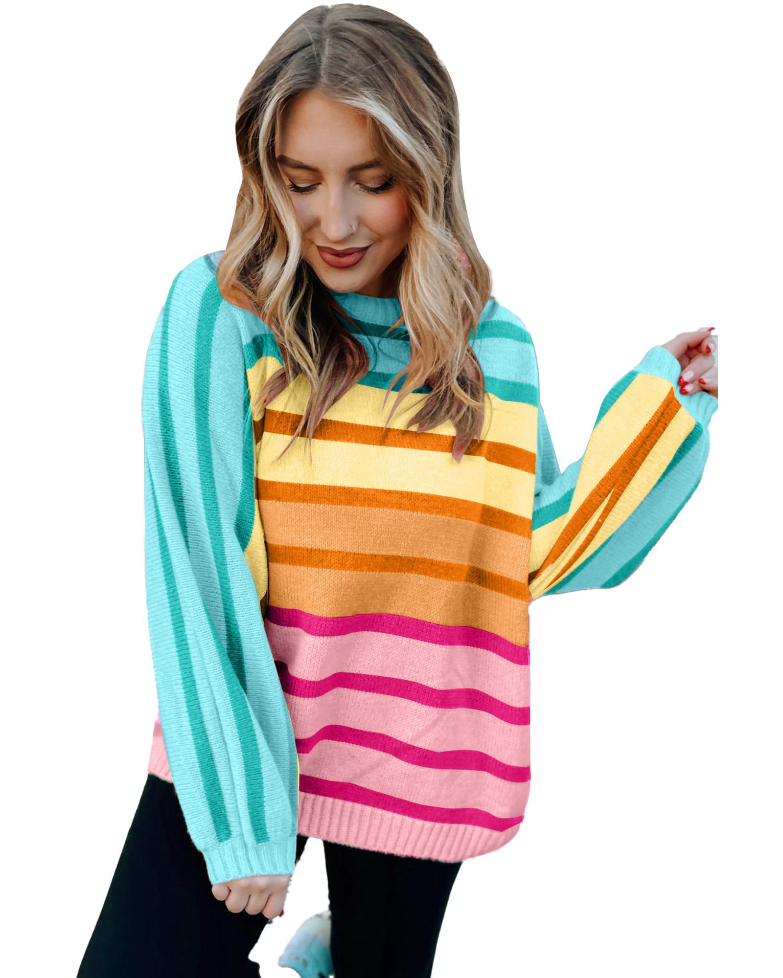 Yellow Stripe Gradient Striped Ribbed Edge Loose Sweater - M 3